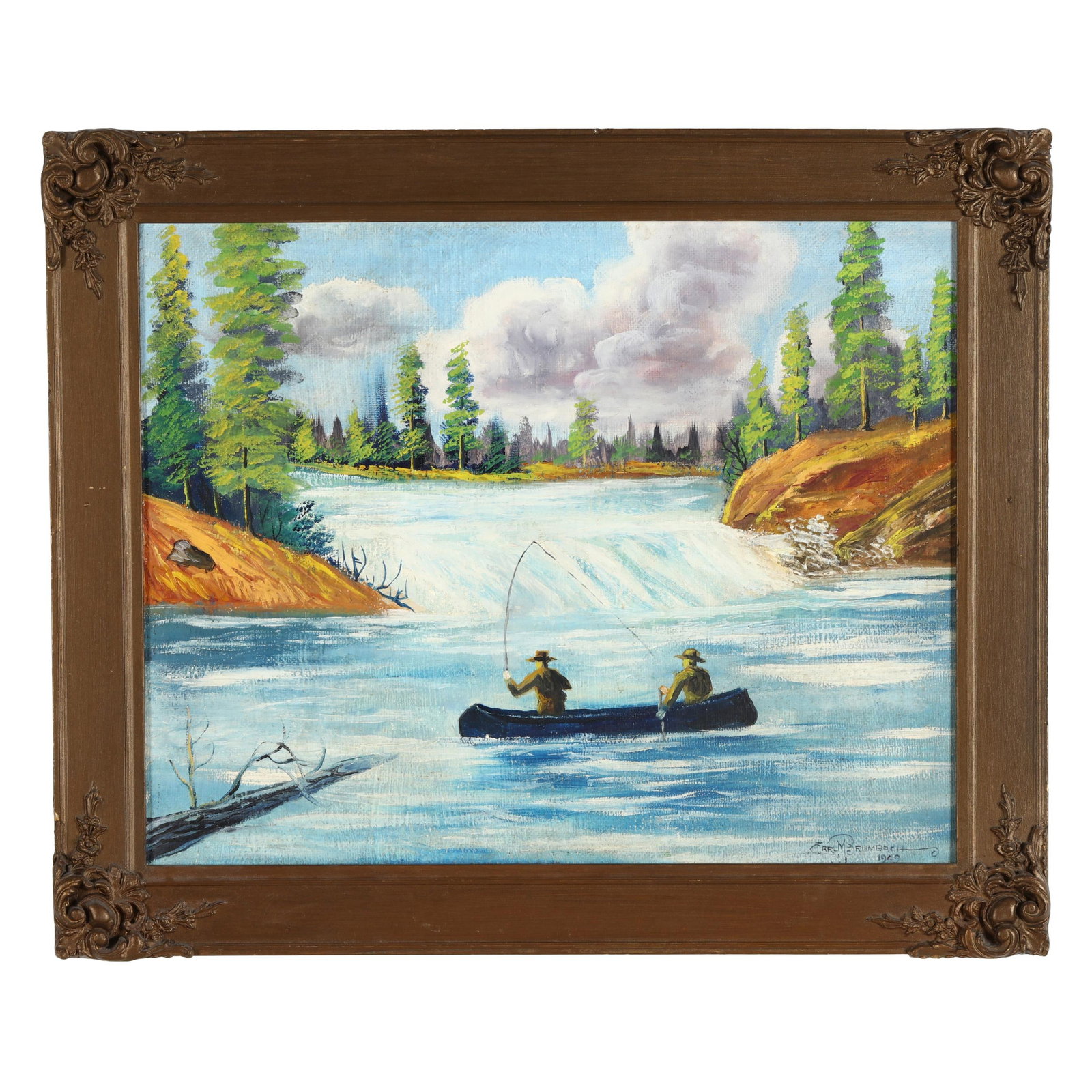 Carl Brumbach (American), Fishing the Falls: Carl Brumbach (American), Fishing the Falls oil on masonite, 1949, signed and dated to the lower right, presented in a giltwood frame. Panel 16 x 19 1/2 in.; Frame dimensions 20 x 24 in. Additional hi