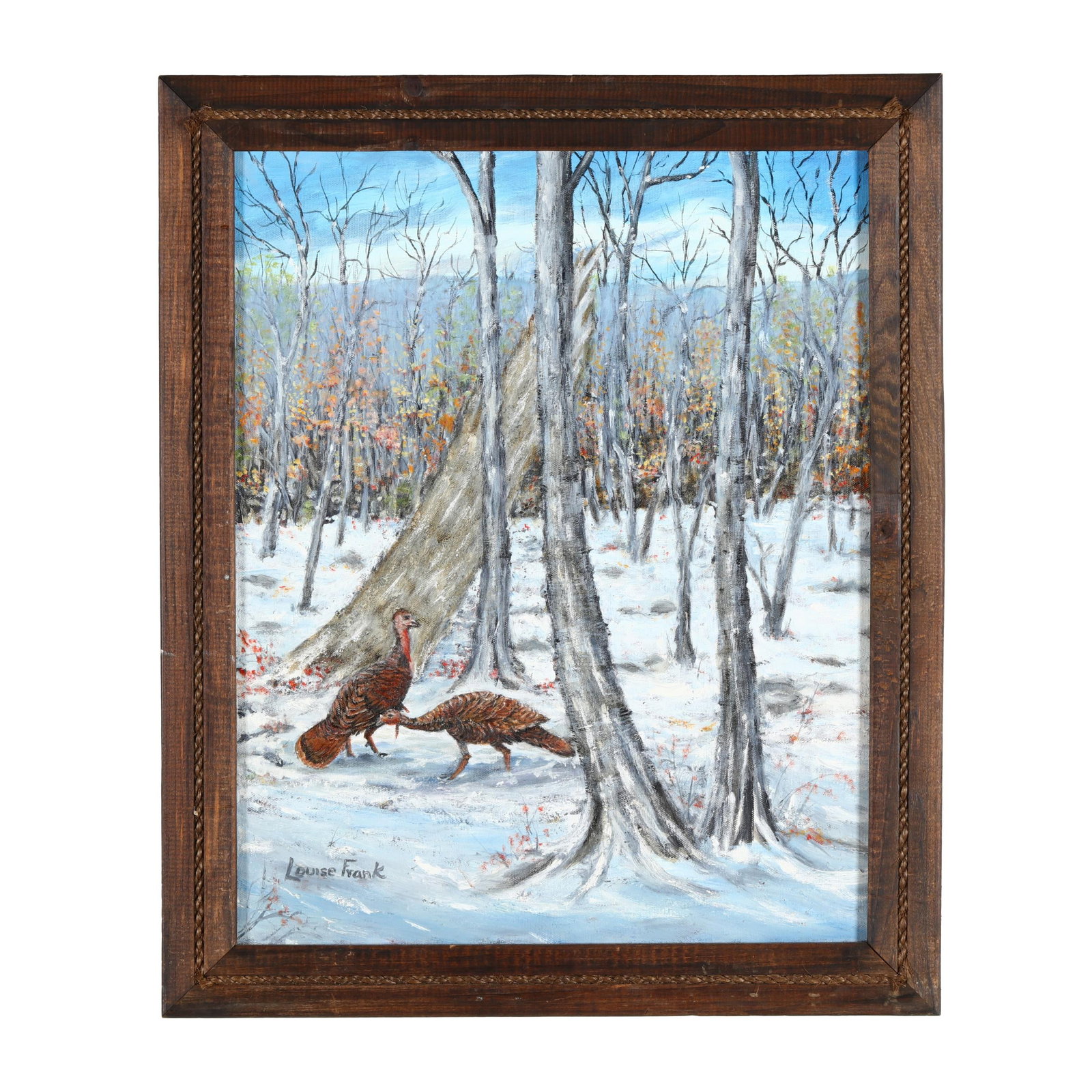 Louise Frank (American), Wild Turkeys in the Snow: Louise Frank (American), Wild Turkeys in the Snow acrylic on canvas, signed at lower left, framed. Stretcher size 20 x 16 in.; Frame dimensions 23 1/4 x 19 1/4 in. Additional high-resolution photos ar