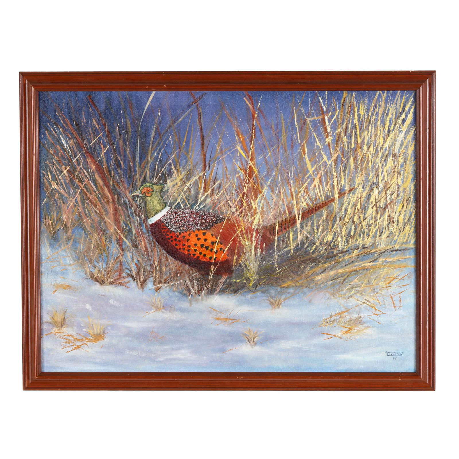 R Evans (American), Pheasant in the Grass: R Evans (American), Pheasant in the Grass acrylic on canvas, 1994, signed and dated to the lower right, framed. Stretcher size 18 x 24 in.; Frame dimensions 20 1/4 x 26 in. Additional high-resolution 