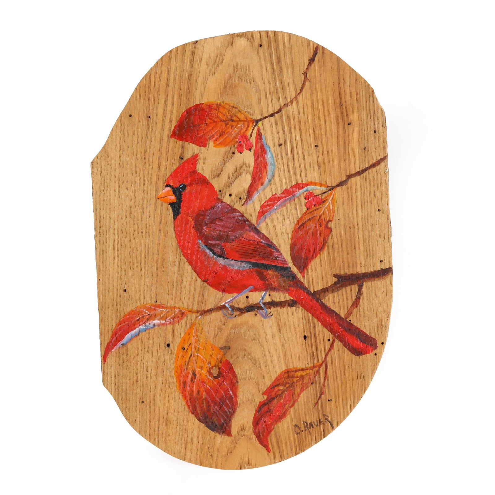 Duane Raver Jr. (NC, 1927-2002), Cardinal on Fall Dogwood: Duane Raver Jr. (NC, 1927-2002), Cardinal on Fall Dogwood acrylic on wormy chestnut panel, signed at lower right, inscribed to the verso, unframed. 13 x 8 3/4 in. Duane Raver was a successful and soug