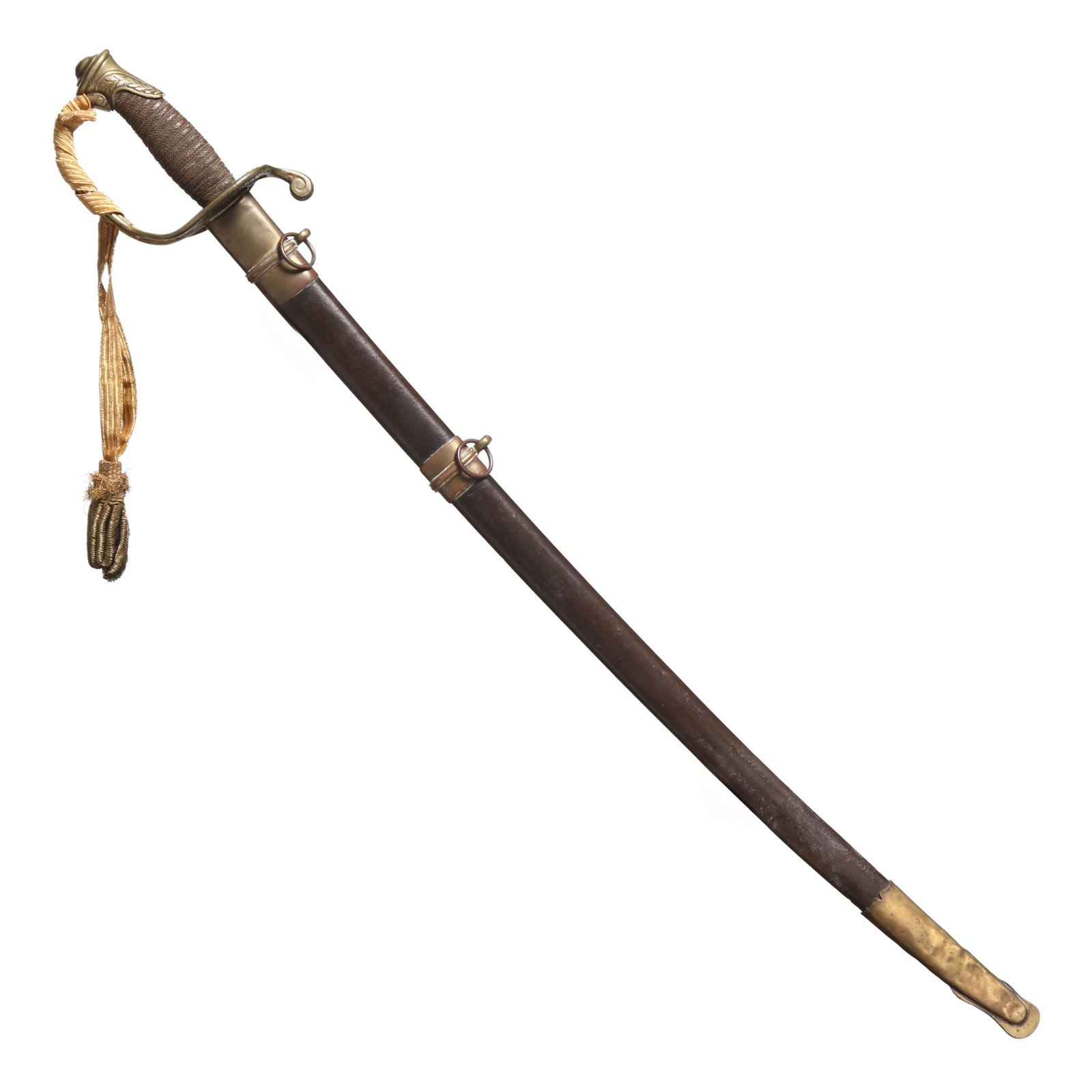 Model 1850 United States Foot Officer's Sword: Model 1850 United States Foot Officer's Sword its 29-1/2 in. etched blade is fitted below an ornate brass guard; the painted metal scabbard has two brass suspension rings and a conforming drag. A bull