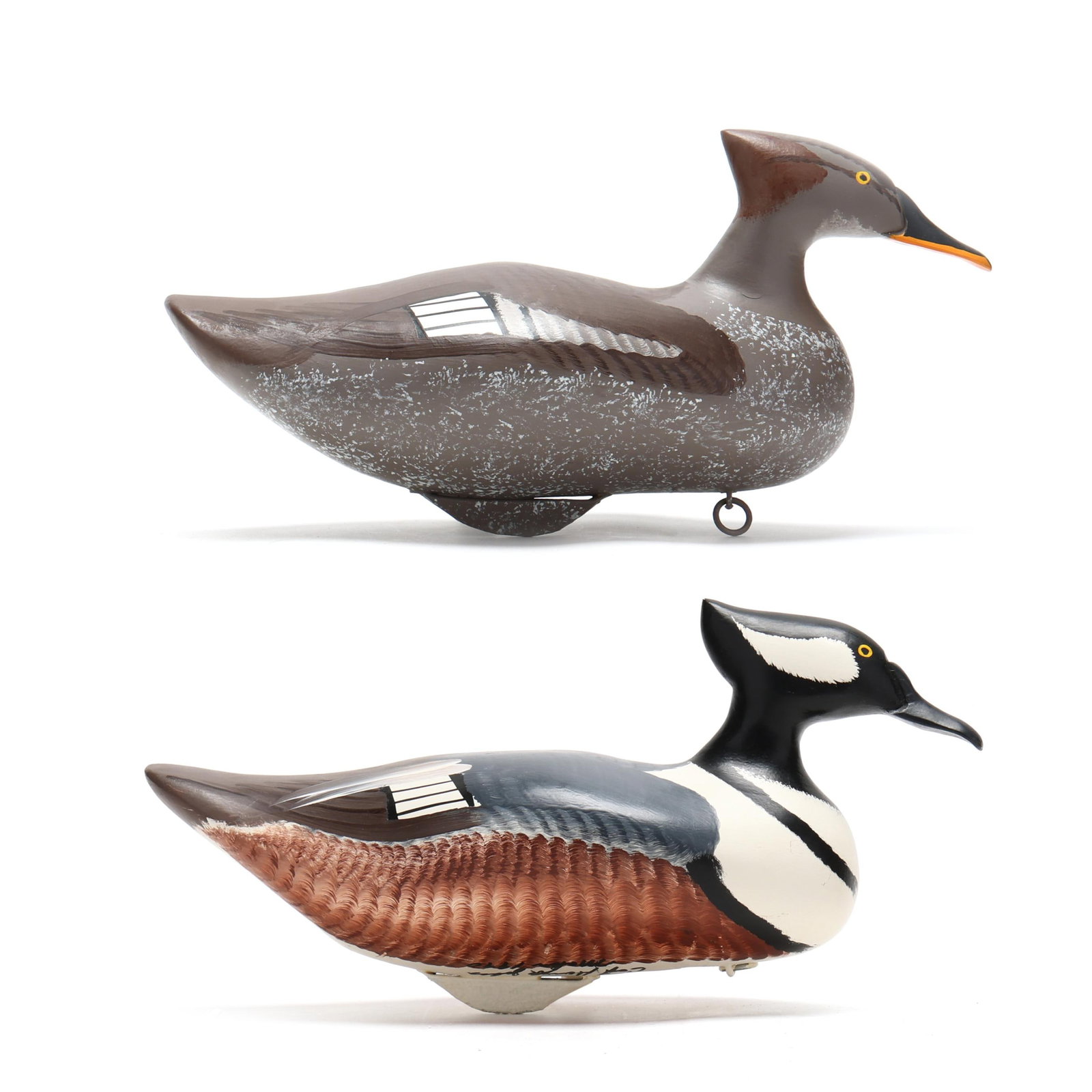 Captn Harry Jobes (MD, 1936-2019), Hooded Mergansers: Captn Harry Jobes (MD, 1936-2019), Hooded Mergansers Havre de Grace, Maryland, 1990, carved and painted wood, sign and dated. Length 15 in. Additional high-resolution photos are available at