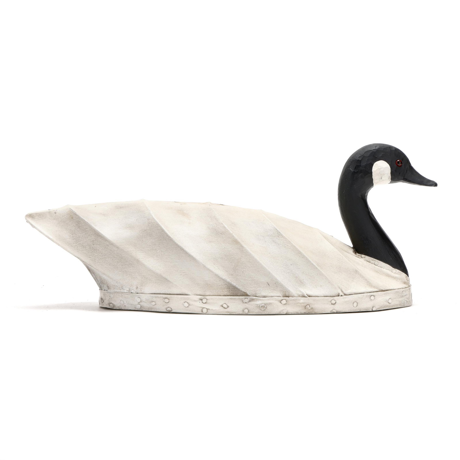 Jack Cox (NC, b. 1950), Goose: Jack Cox (NC, b. 1950), Goose Elizabeth City, North Carolina, 1988, painted canvas over wire construction, glass eyes, signed and dated. Length 23 in. x 9.5 x 9 Finely carved head, body unpainted, woo