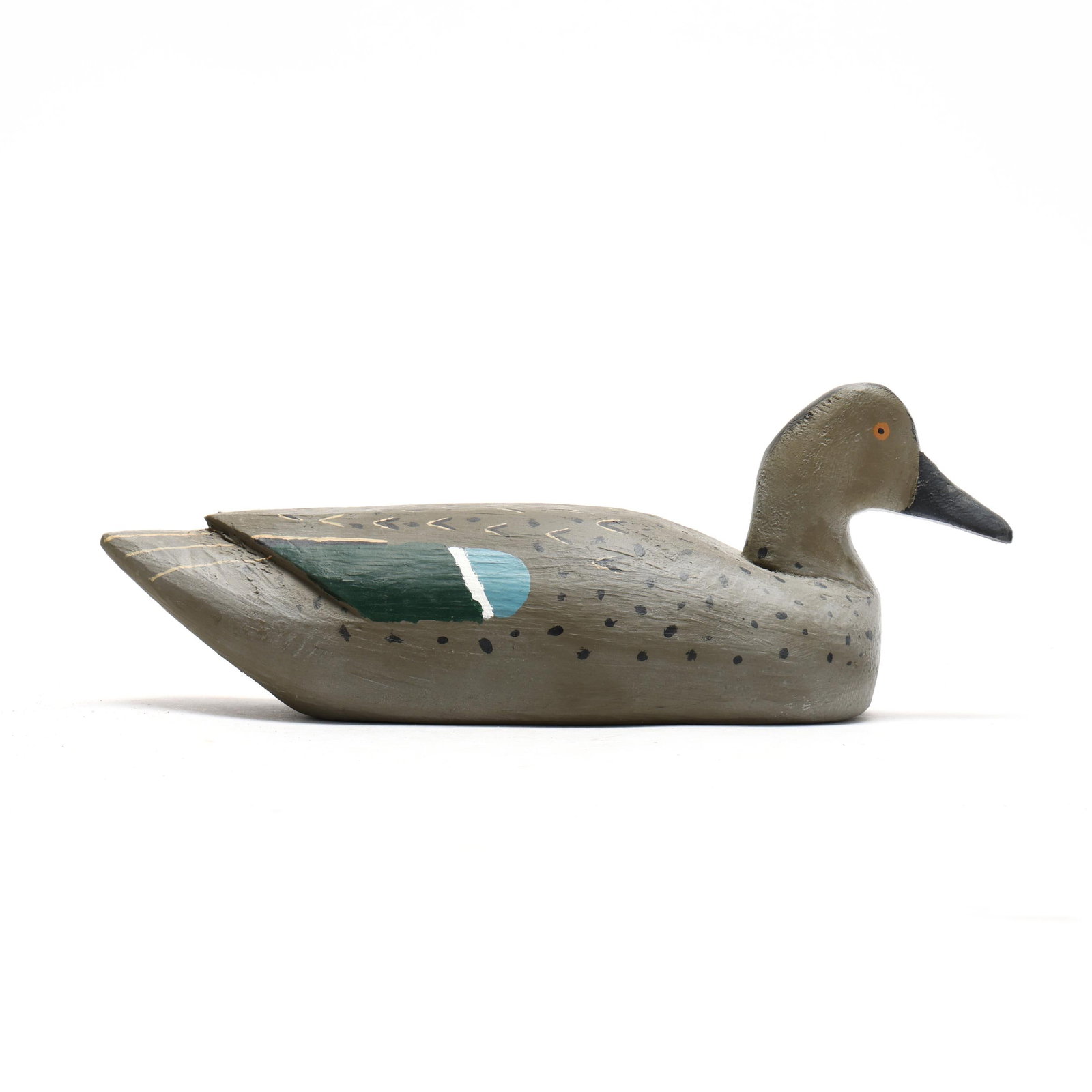 Laurent Verdin, Sr. (LA, 1909-1991), Green-Winged Teal: Laurent Verdin, Sr. (LA, 1909-1991), Green-Winged Teal Fala, Louisiana, circa 1940s, carved and painted wood. Length in. 12.5 x 5 x 4 in. Wing relief carving. Additional high-resolution photos are ava
