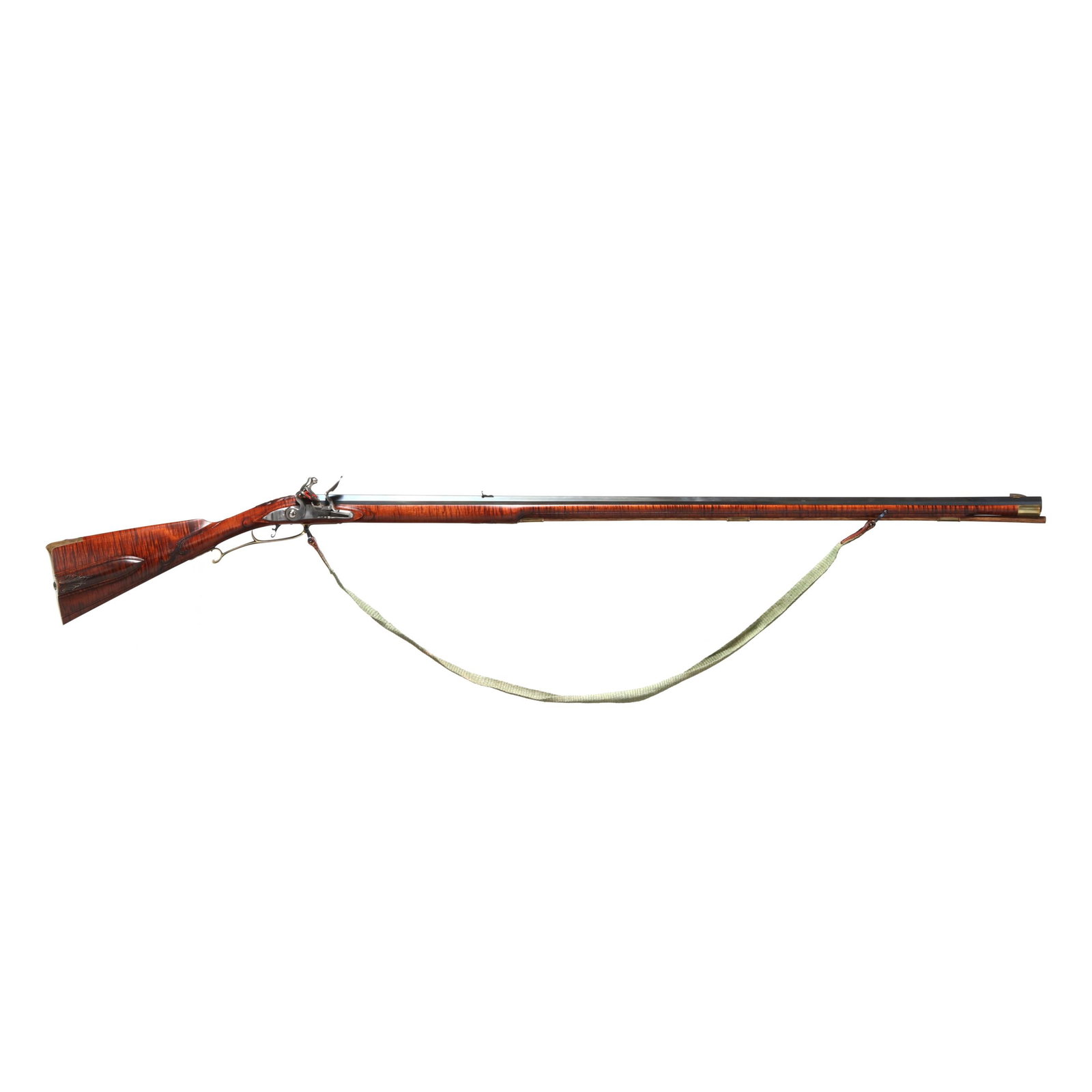John Bivins Flintlock Longrifle w/ Sling: John Bivins Flintlock Longrifle w/ Sling No visible serial number (NVS), makers mark J. BIVINS present on 44 in. charcoal blued octagon barrel with dovetail rear sight and dovetail front blade sight, 
