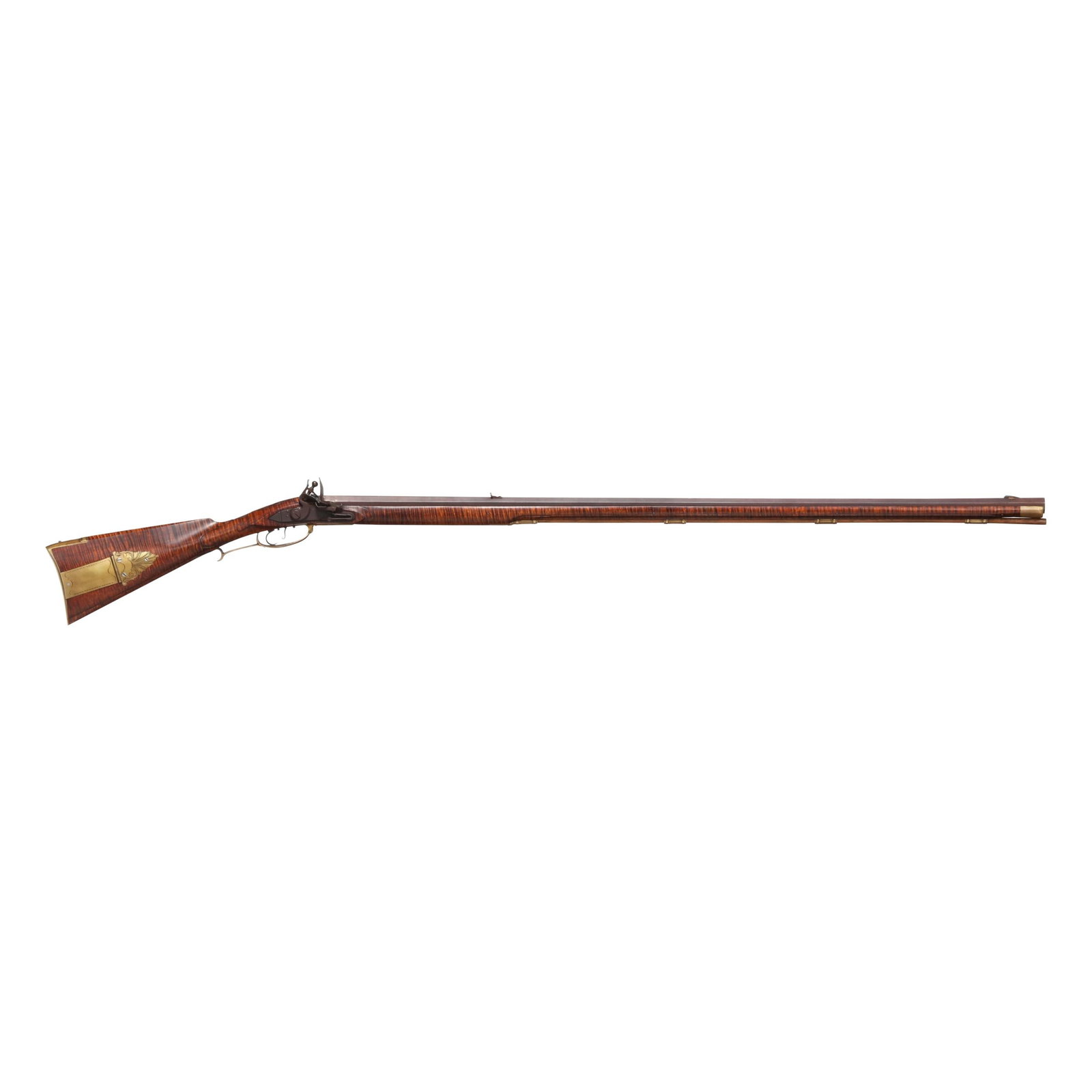 John Bivins Flintlock Longrifle: John Bivins Flintlock Longrifle No visible serial number (NVS), makers mark of initials IB stamped on 44 in. browned octagon barrel with dovetail front and rear sights, 60 in. ornately carved tiger