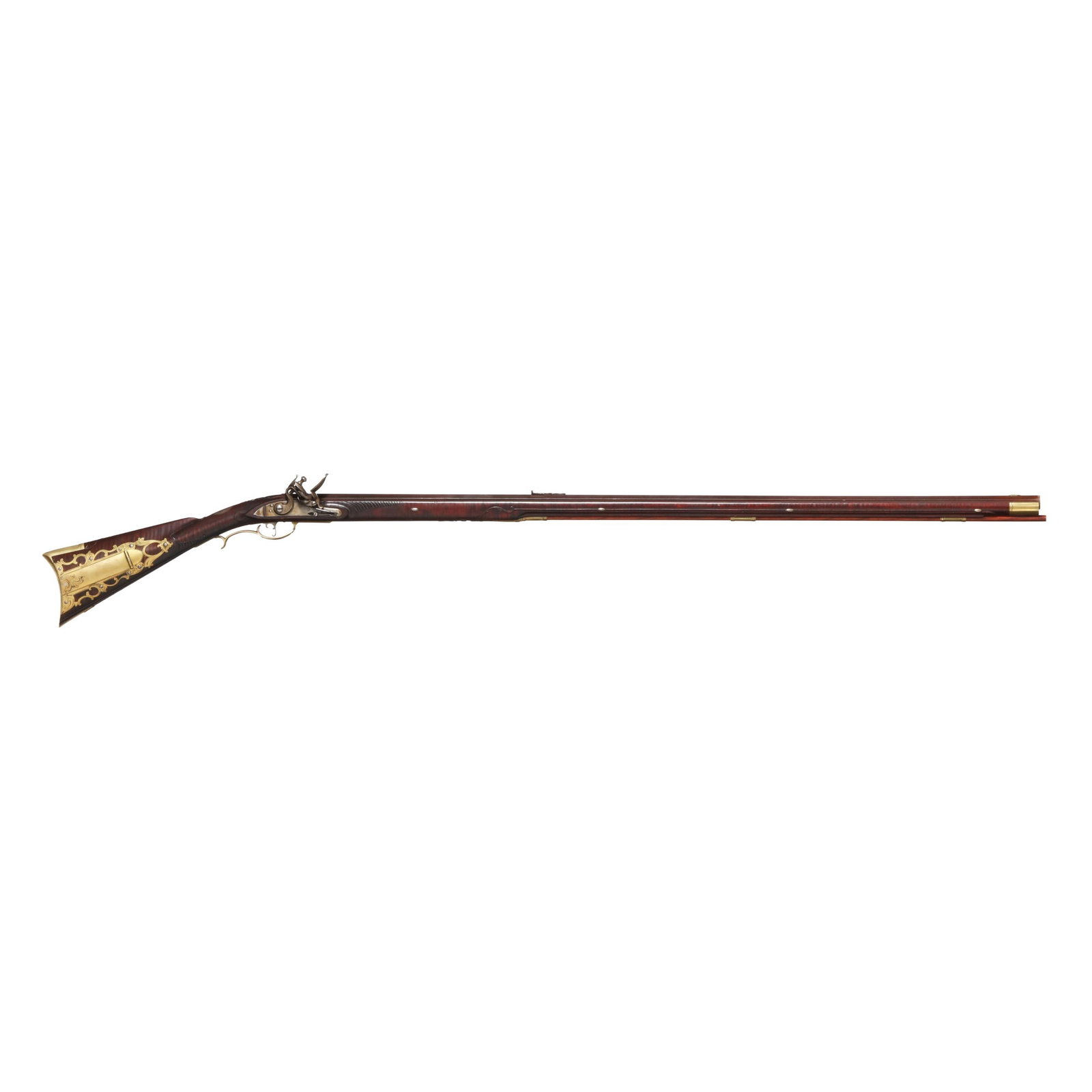 R. P. Bahr Flintlock Longrifle: R. P. Bahr Flintlock Longrifle No visible serial number (NVS), makers mark R. P. BAHR present within gold colored banner on browned 44 in. octagon barrel with ornate dovetail rear sight and dovetail b