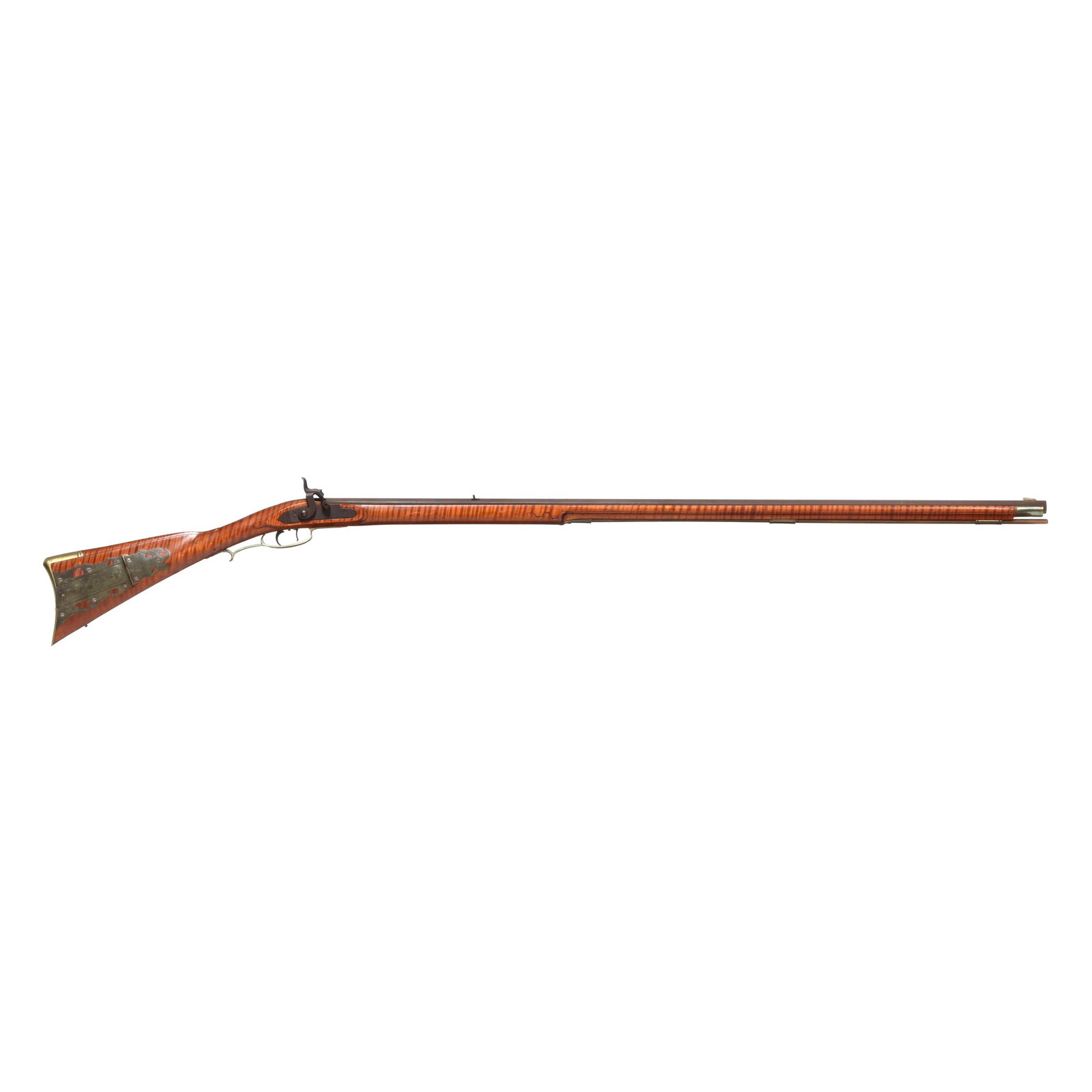 F. Burton Percussion Longrifle: F. Burton Percussion Longrifle No visible serial number (NVS), makers signature F. BURTON and .32 CAL. present on browned 44 in. barrel with dovetail front and rear sights, text of GR DOUGLAS present 