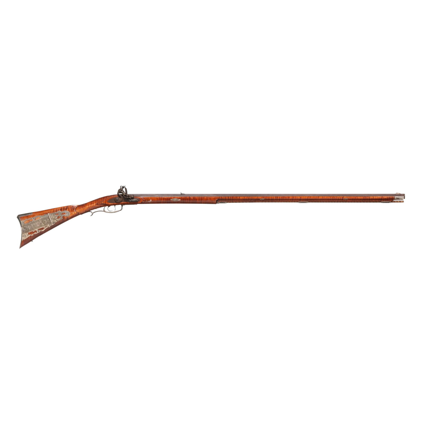 F. Burton Flintlock Longrifle: F. Burton Flintlock Longrifle No visible serial number (NVS), makers signature F. BURTON present on 43 1/2 in browned octagon barrel with dovetail front and rear sights, personalization text of G R DO