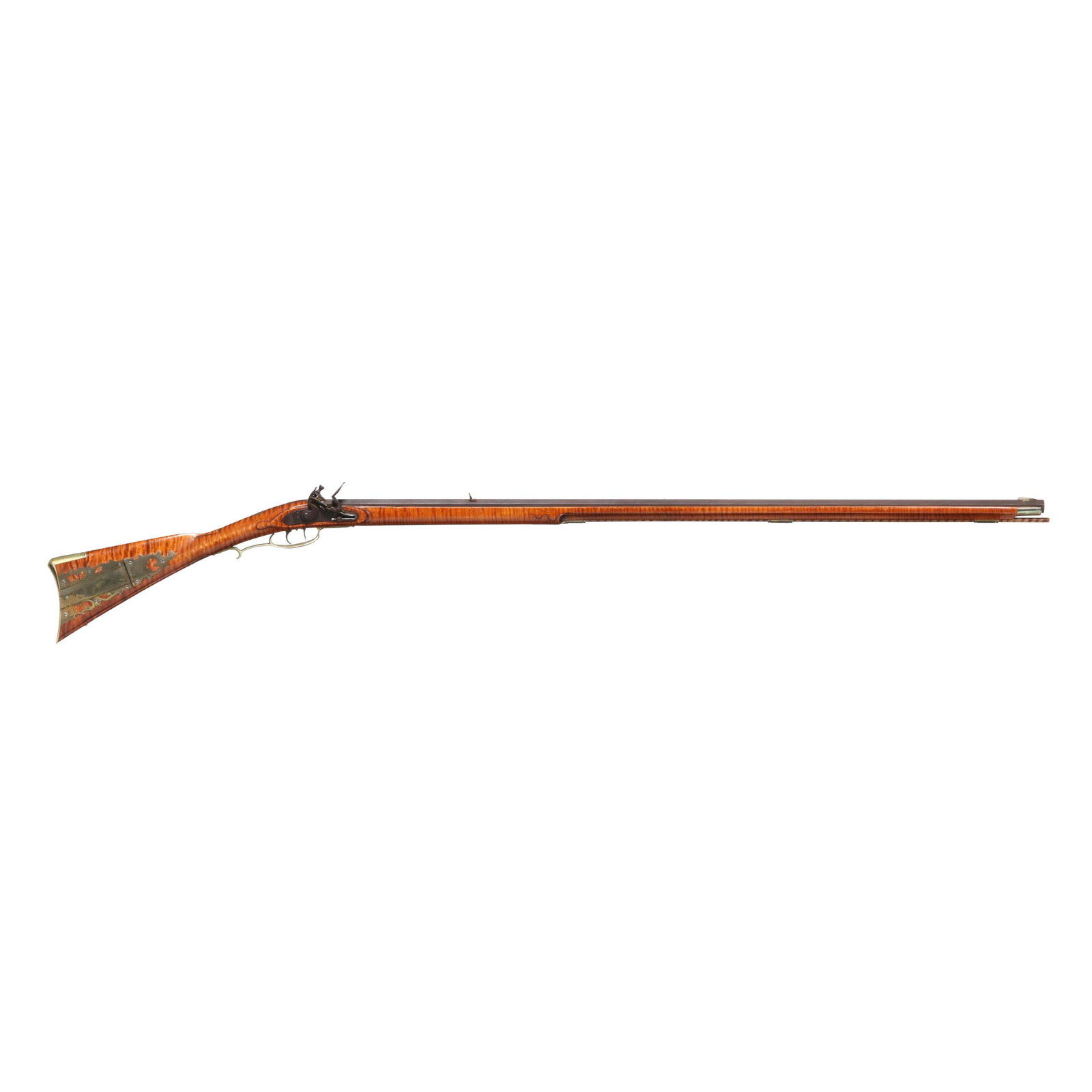 F. Burton Flintlock Longrifle: F. Burton Flintlock Longrifle No visible serial number (NVS), makers signature F. BURTON and .36 CAL. present on browned 44 in. barrel with dovetail front and rear sights, text of GR DOUGLAS present o