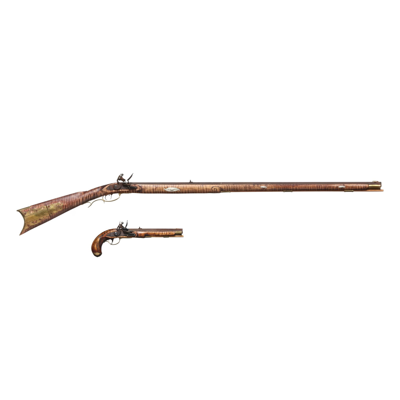 K. Fritts Flintlock Long Rifle & Kennedy Pattern Flintlock Pistol: K. Fritts Flintlock Long Rifle & Kennedy Pattern Flintlock Pistol No visible serial number (NVS) on rifle, makers signature K. FRITTS present on on 42 in. browned octagon rifle barrel with dovetail fr