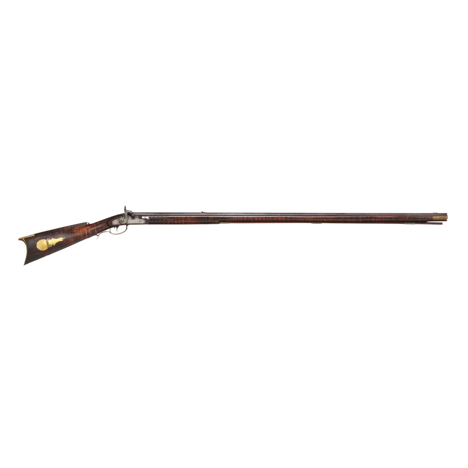 Conrad Horn Flintlock Longrifle: Conrad Horn Flintlock Longrifle Makers mark C. HORN present on 44 1/4 in. browned octagon barrel with dovetail front and rear sights, text of H. E. LEMAN LANCASTER PA present on percussion lock plate,