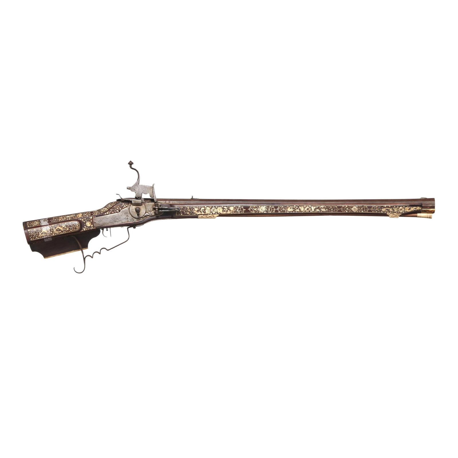 Gernan Wheel-Lock Rifle: Gernan Wheel-Lock Rifle Wheel lock mechanism, 30 1/2 in. octagon barrel, dovetail front and rear sights, double trigger, ornate trigger guard, wooden stock with near complete decorative floral, hunter