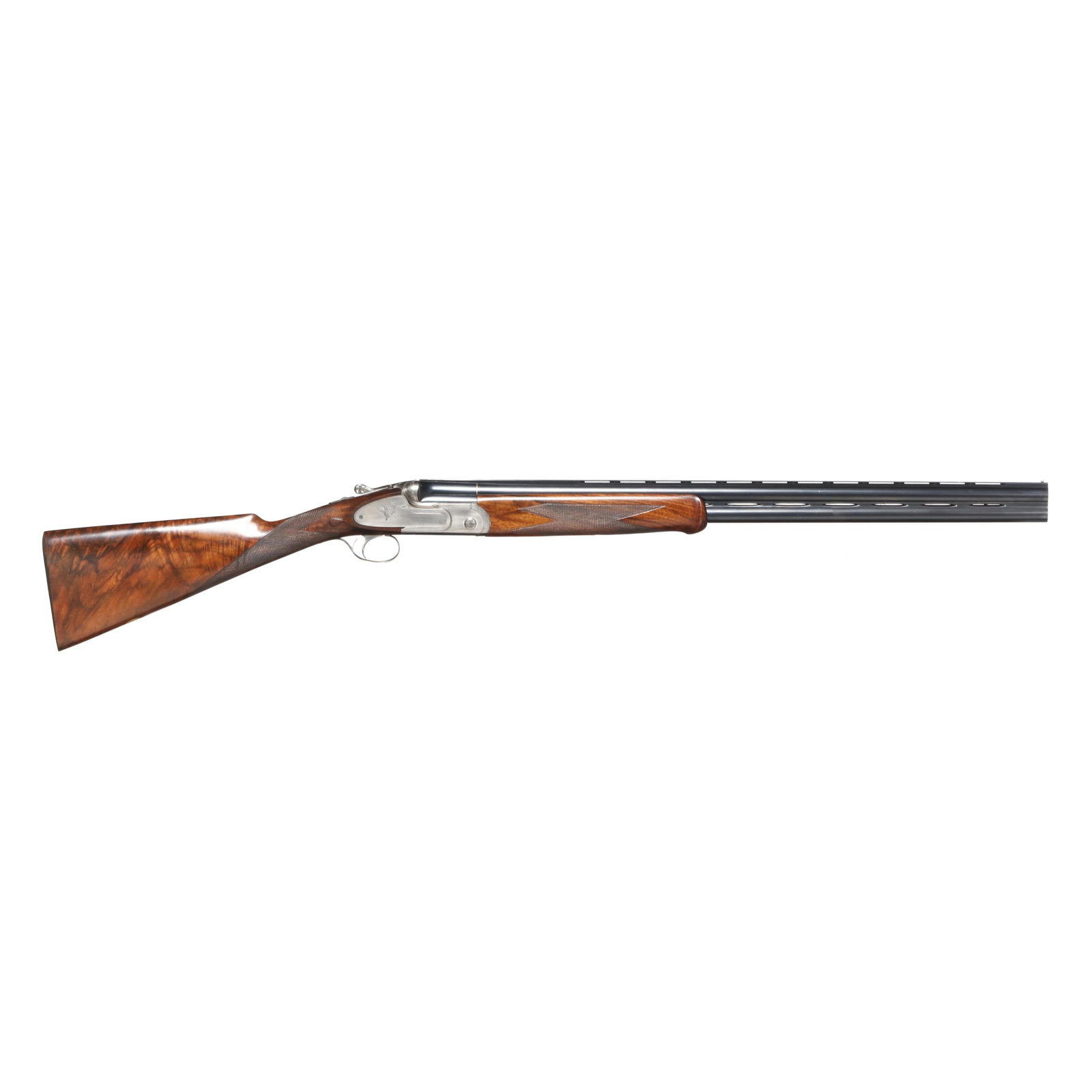 Renato Telo' 12ga O/U Shotgun w/ Factory Case: Renato Telo' 12ga O/U Shotgun w/ Factory Case Serial number 169 present on receiver, barrel, forend iron and trigger guard, gold crown inlay with skeletonized top lever, engraved coined style receiver