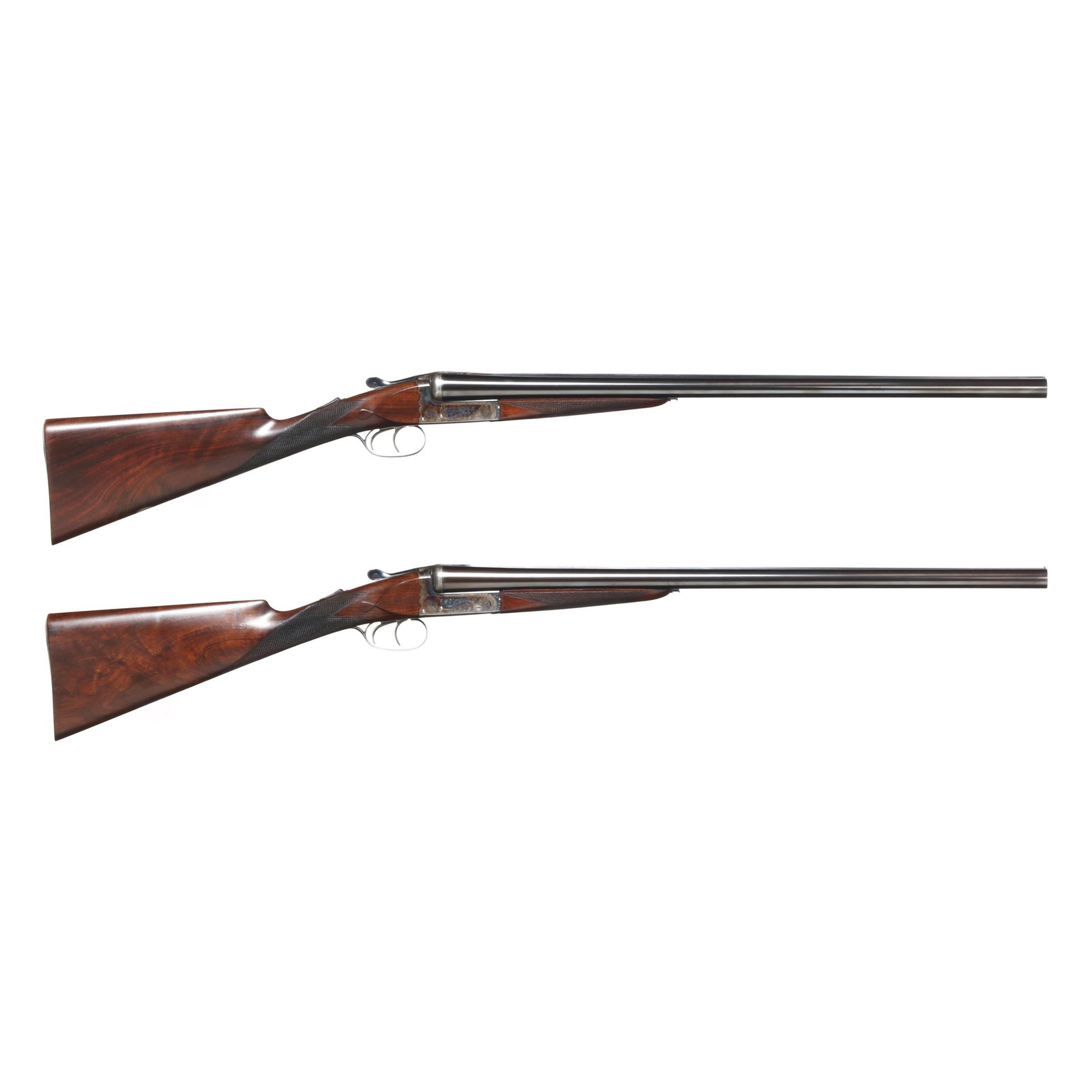 E. J. Churchill Matched Pair Regal 12ga Boxlock Ejector Doubleguns w/ Leather Road Case: E. J. Churchill Matched Pair Regal 12ga Boxlock Ejector Doubleguns w/ Leather Road Case Serial numbers 8394 and 8395 on each respective guns water table, barrel and forend iron, text of CHURCHILL (GUN