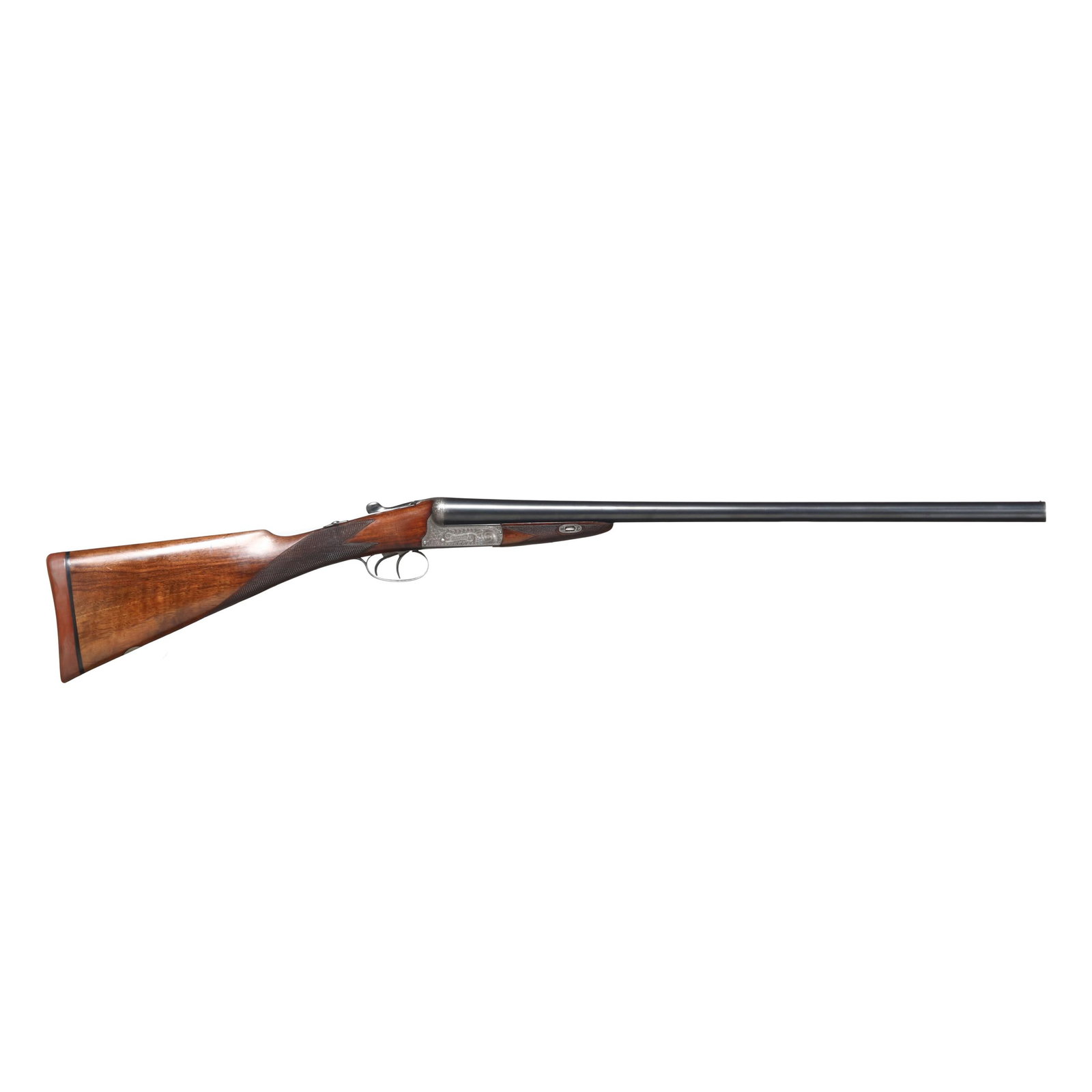 H. Beesley 12ga Boxlock Ejector Doublegun: H. Beesley 12ga Boxlock Ejector Doublegun Serial number 8881 present on water table, barrels, trigger guard and forend iron, text of DESIGNED BY C. J. HEATH F.R.C.S. present along top of right barrel,
