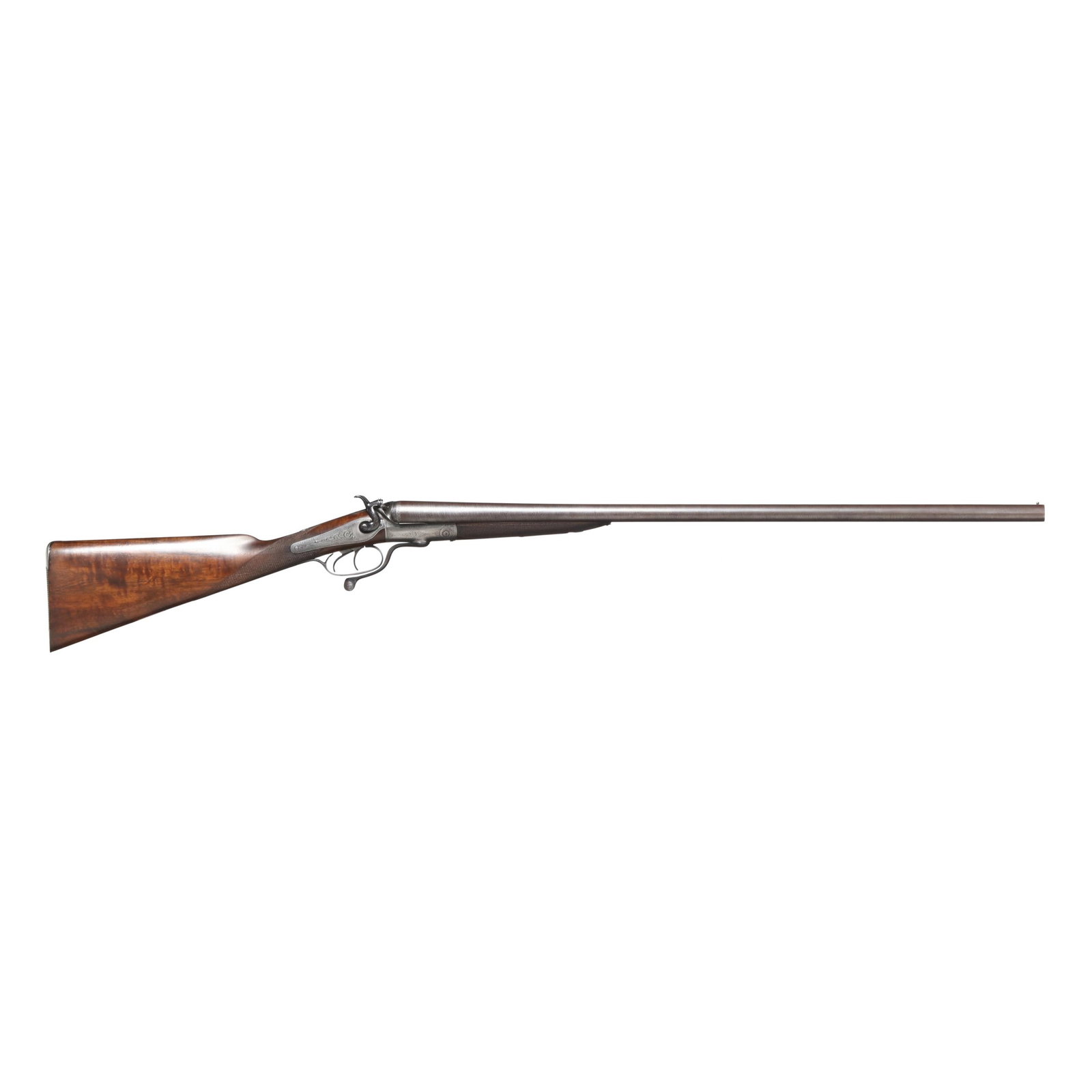 W. H. Monks 12ga Underlever Hammergun: W. H. Monks 12ga Underlever Hammergun Serial number 15519 present on water table, trigger guard, barrels and forend iron, text of W. H. MONKS FOREGATE STREET CHESTER present on 29 3/4 in. browned dama