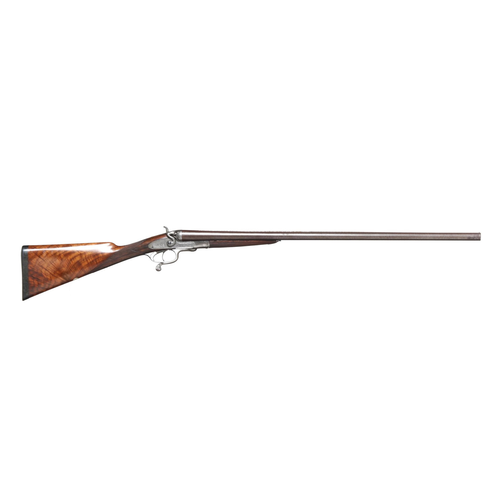 J. Squires 12ga Underlever Hammergun: J. Squires 12ga Underlever Hammergun Serial number 2564 present on trigger guard, 30 in. browned damascus barrel with single bead and dolls head rib extension, text of J. SQUIRES present on lock plate