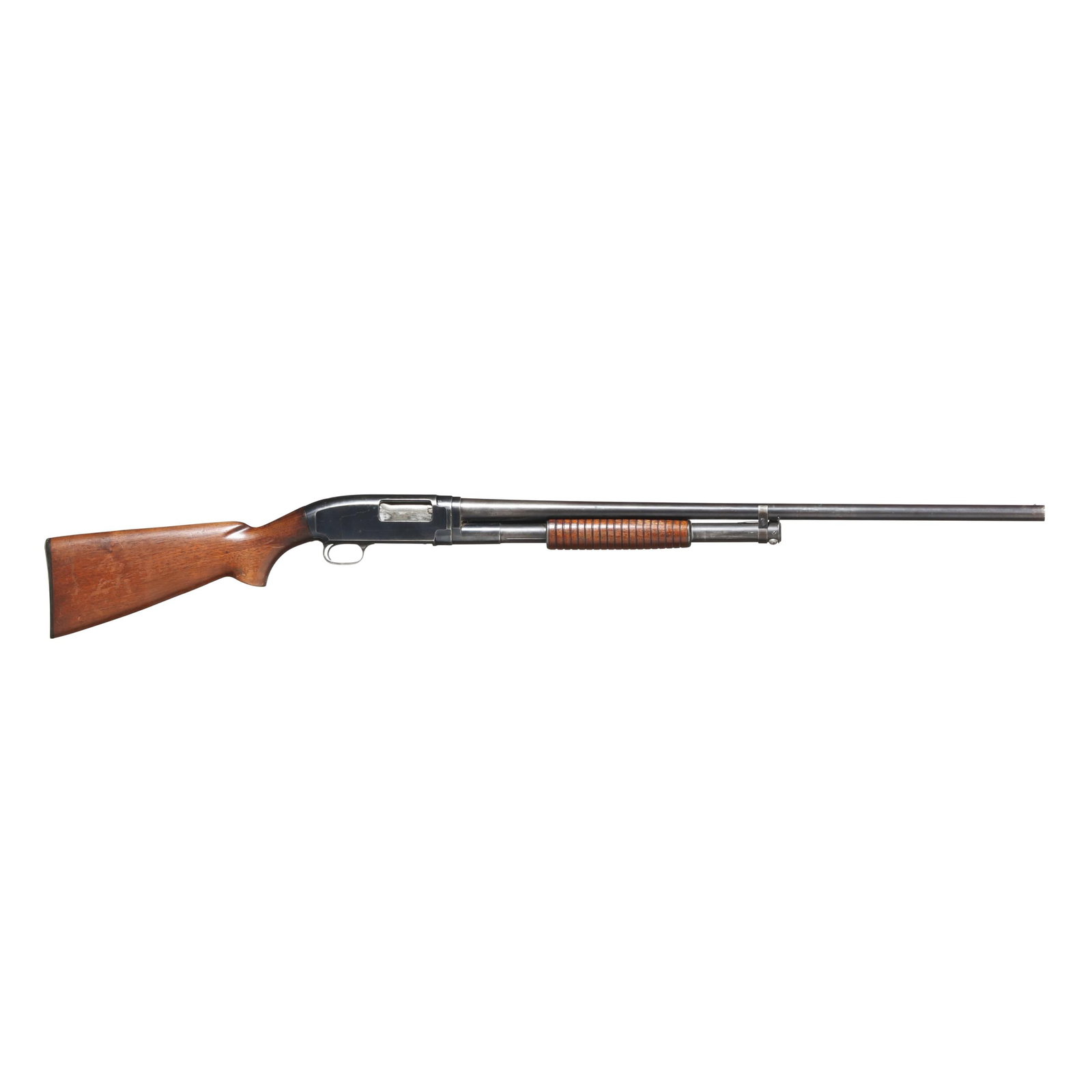 Winchester Model 12 12ga Pump-Action Shotgun: Winchester Model 12 12ga Pump-Action Shotgun Serial number 869236 present on belly of blued pump-action receiver and barrel assembly, text of WINCHESTER MODEL 12 12GA 2 3/4 CHAMBER FULL present on 30 