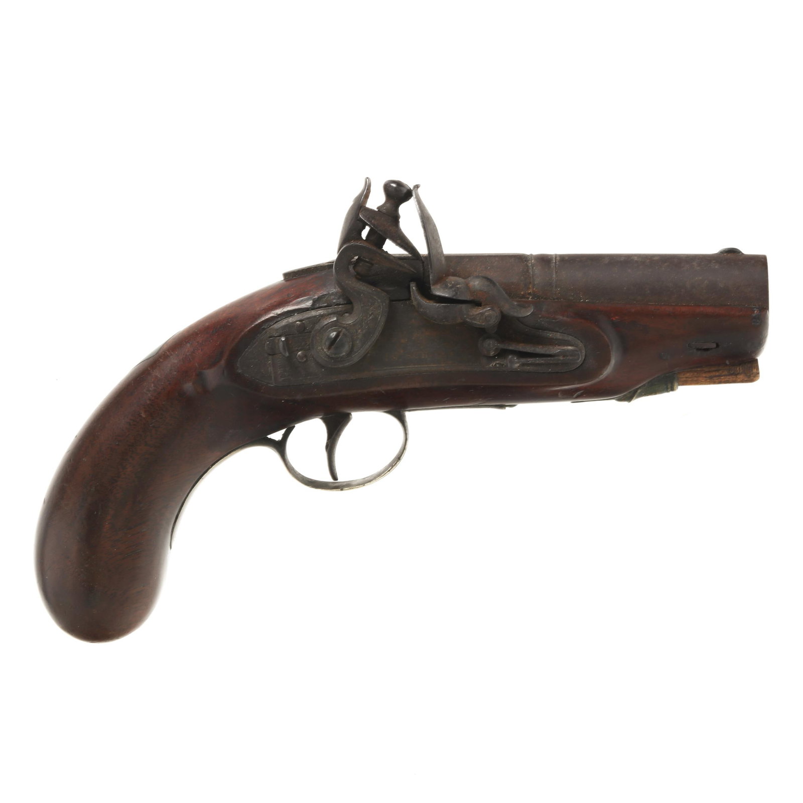 IN.Q Schirer Flintlock Pistol: IN.Q Schirer Flintlock Pistol No visible serial number (NVS), flintlock pistol action, text of IN. Q. SHIRER present on lock plate, small indistinguishable proof mark present on 3 in. barrel, walnut s