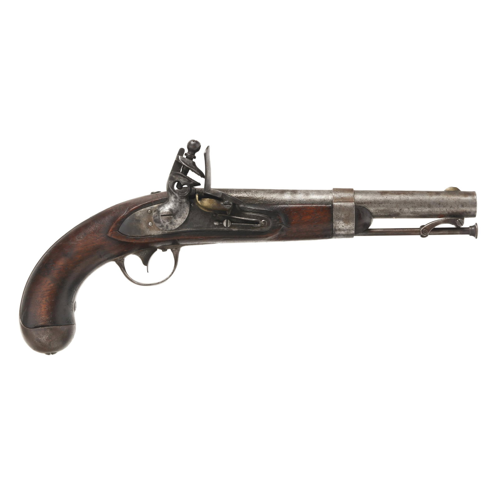 North Carolina Stamped US Johnson 1838 Flintlock Pistol: North Carolina Stamped US Johnson 1838 Flintlock Pistol No visible serial number (NVS), text of U.S. JOHNSON MIDDN CONN 1838 present on flintlock lock plate, text of N. CAROLINA present on 8 1/2 in. b