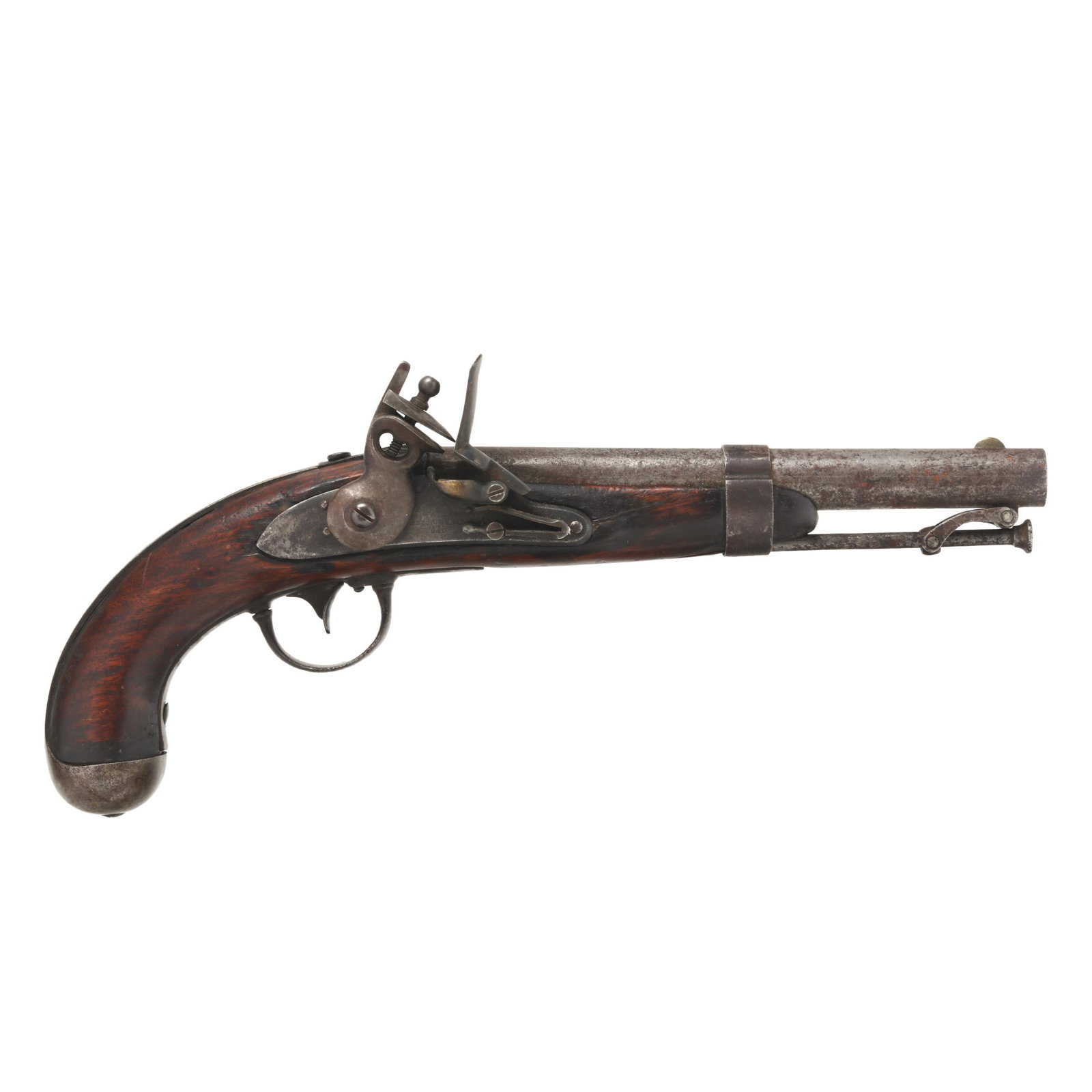 A. Waters Milbury, MS 1840 Flintlock Pistol: A. Waters Milbury, MS 1840 Flintlock Pistol No visible serial number (NVS), text of A. WATERS MILBURY, MS 1840 present on flintlock lock plate, inspector marks US, JH and P present on 8 1/2 barrel wit