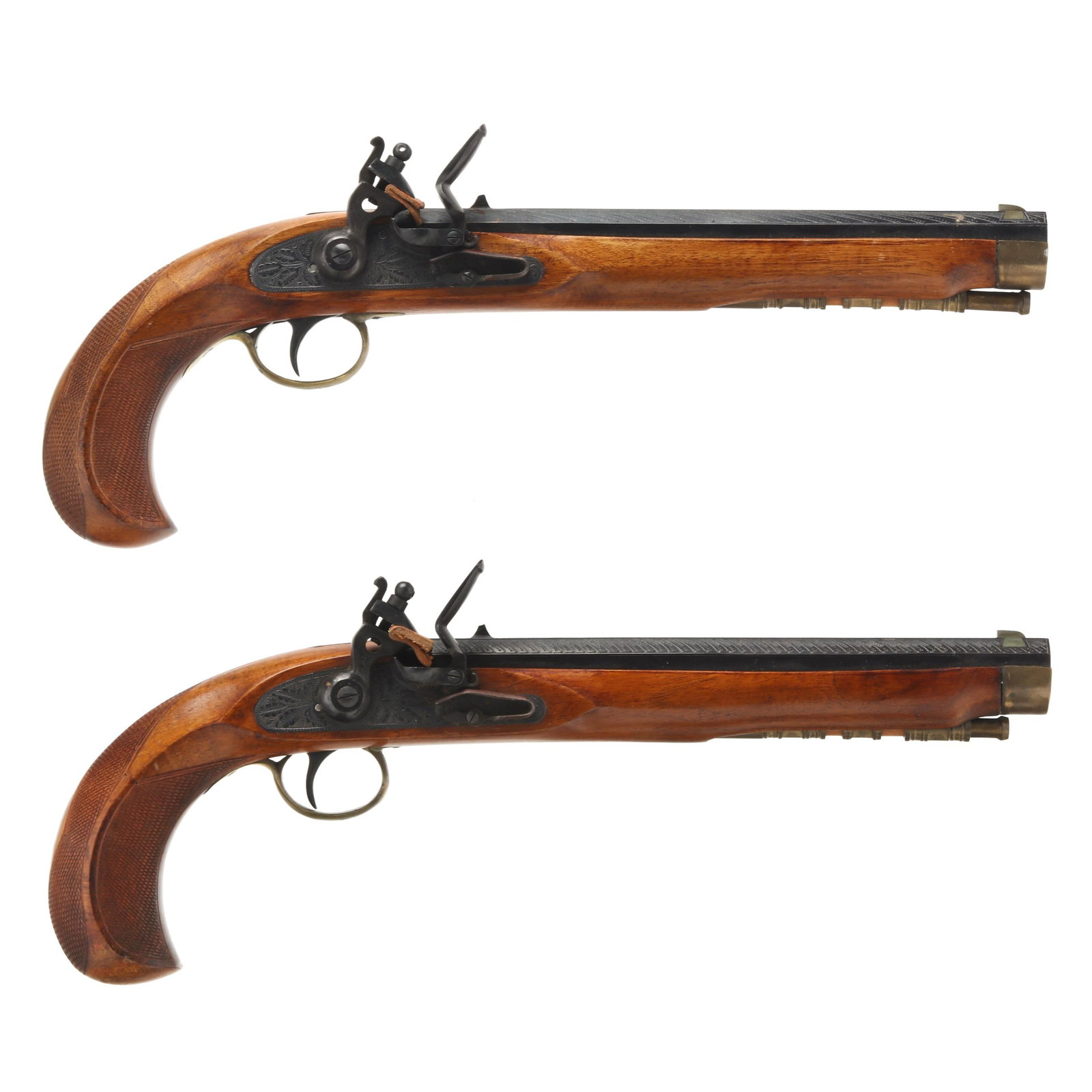 Matching Pair Of Blackbeard Reproduction Flintlock Pistols: Matching Pair Of Blackbeard Reproduction Flintlock Pistols No visible serial number (NVS), text of MADE IN SPAIN present on both 10 in. blued and engaged octagon barrels, flintlock mechanisms, brass f