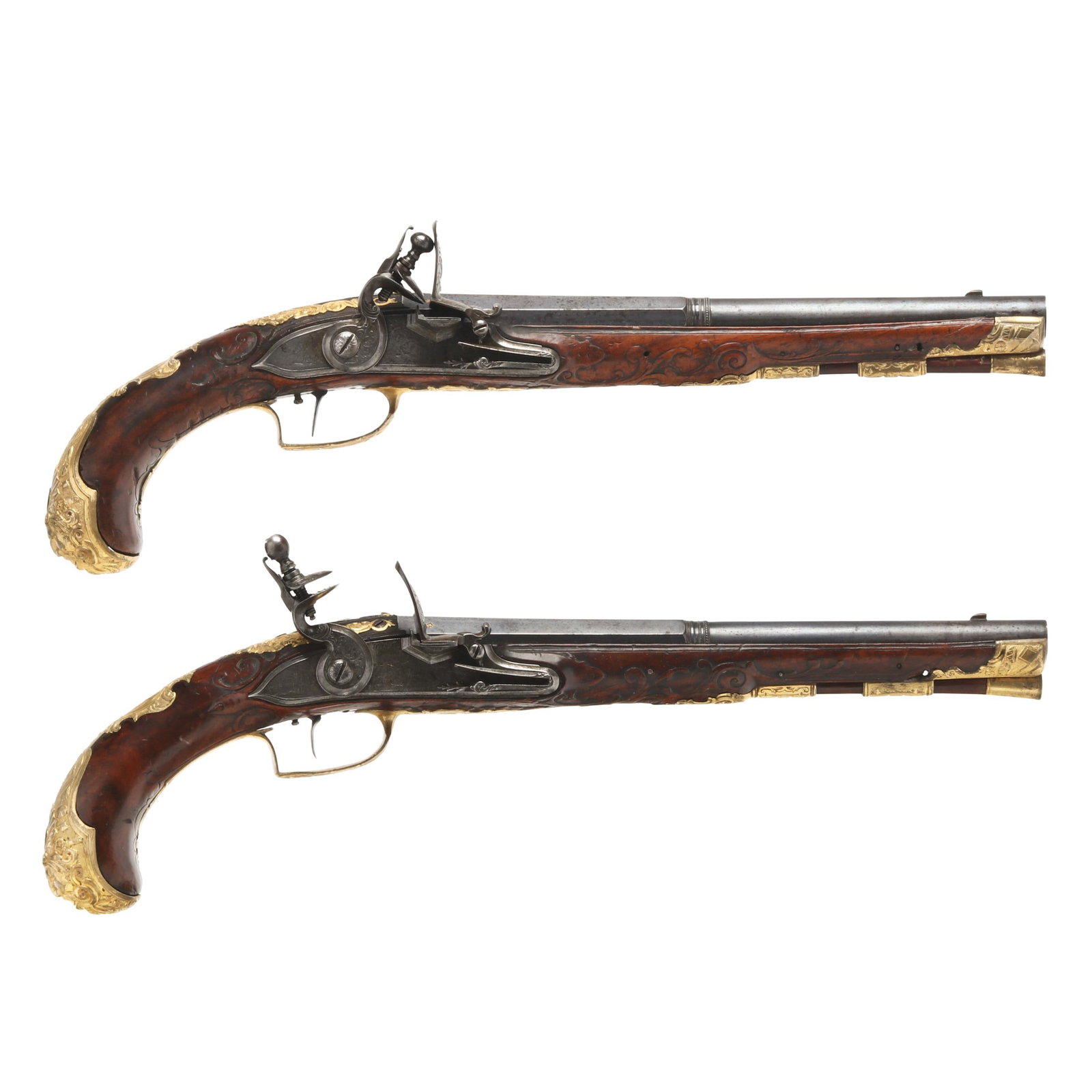 Pair Of Caspar Zelner Flintlock Pistols: Pair Of Caspar Zelner Flintlock Pistols Matched pair of flintlock pistols, smooth bore 10 3/4 in. half-round barrels, text of CASPAR ZELNER present on lock plates, scenes of charging, chasing and retr