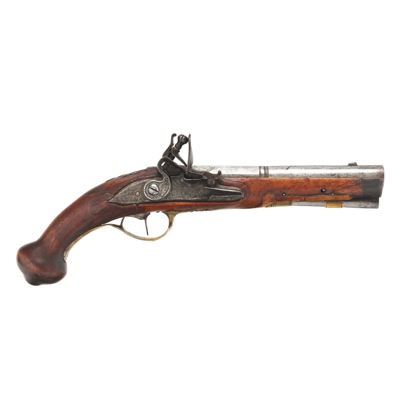 Flintlock Pistol w/ Wall Display: Flintlock Pistol w/ Wall Display Flintlock pistol with brass ferrules and trigger guard, 7 in. half-round barrel with blade front sight, carved wood stock, wooden wall mounting display plaque. In-hous