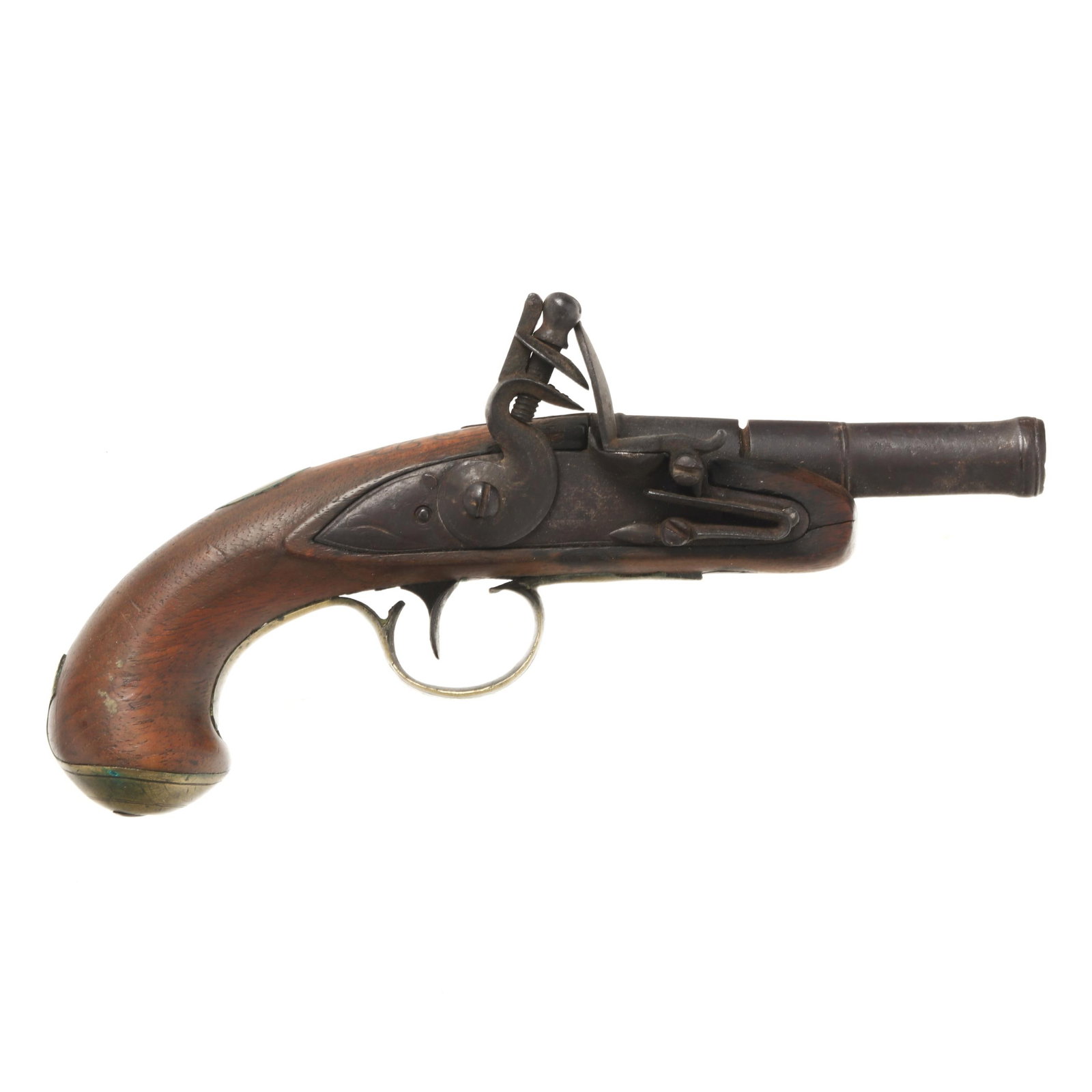 Ketland Flintlock Pistol: Ketland Flintlock Pistol No visible serial number (NVS), text of KEITLAND C present on flintlock lock plate, London proof marks present on 3 11/2 in. cannon profile barrel, brass trigger guard, side p