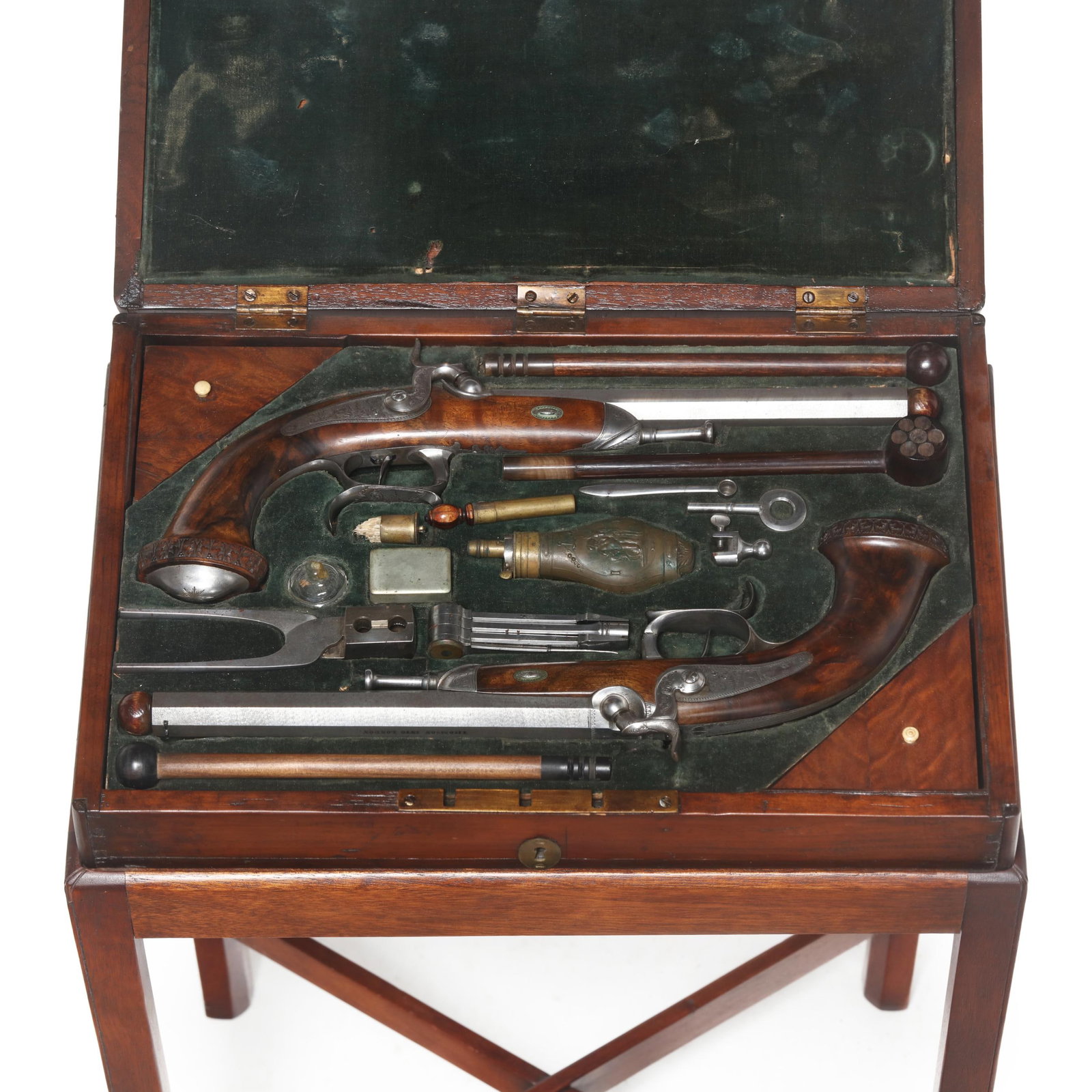 Thomson Into London Matched Pair Dueling Pistols w/ Accessories In Case & Presentation Stand: Thomson Into London Matched Pair Dueling Pistols w/ Accessories In Case & Presentation Stand No visible serial number (NVS), pair of matching percussion dueling pistols numbered 1 and 2, text of THOMP