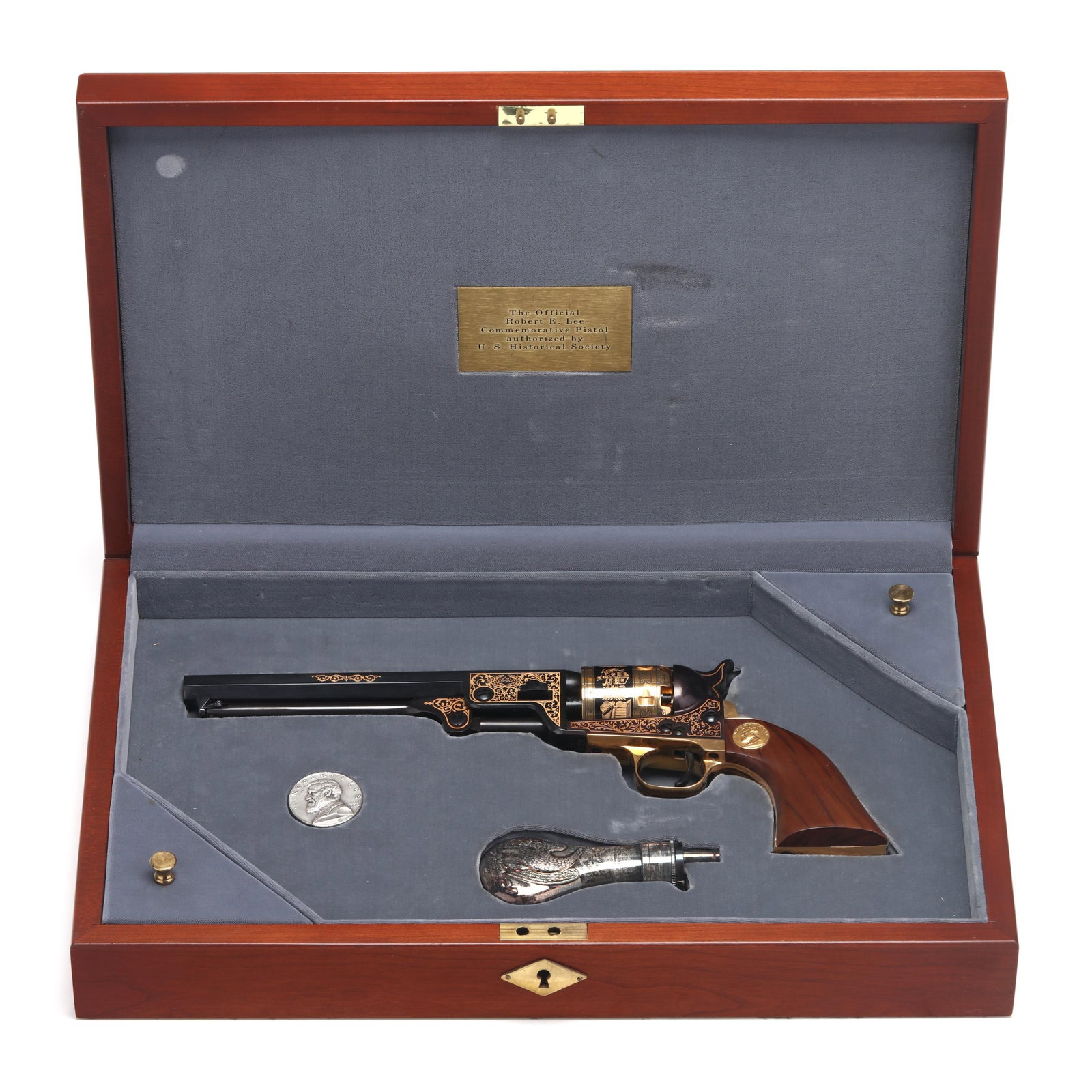 U. S. Historical Society Robert E. Lee Commemorative 1851 Navy Revolver w/ Presentation Box,: U. S. Historical Society Robert E. Lee Commemorative 1851 Navy Revolver w/ Presentation Box, Accessories & Documents Of Authenticity Number 1078/2500 working reproductions, 24 karat gold engraved perc