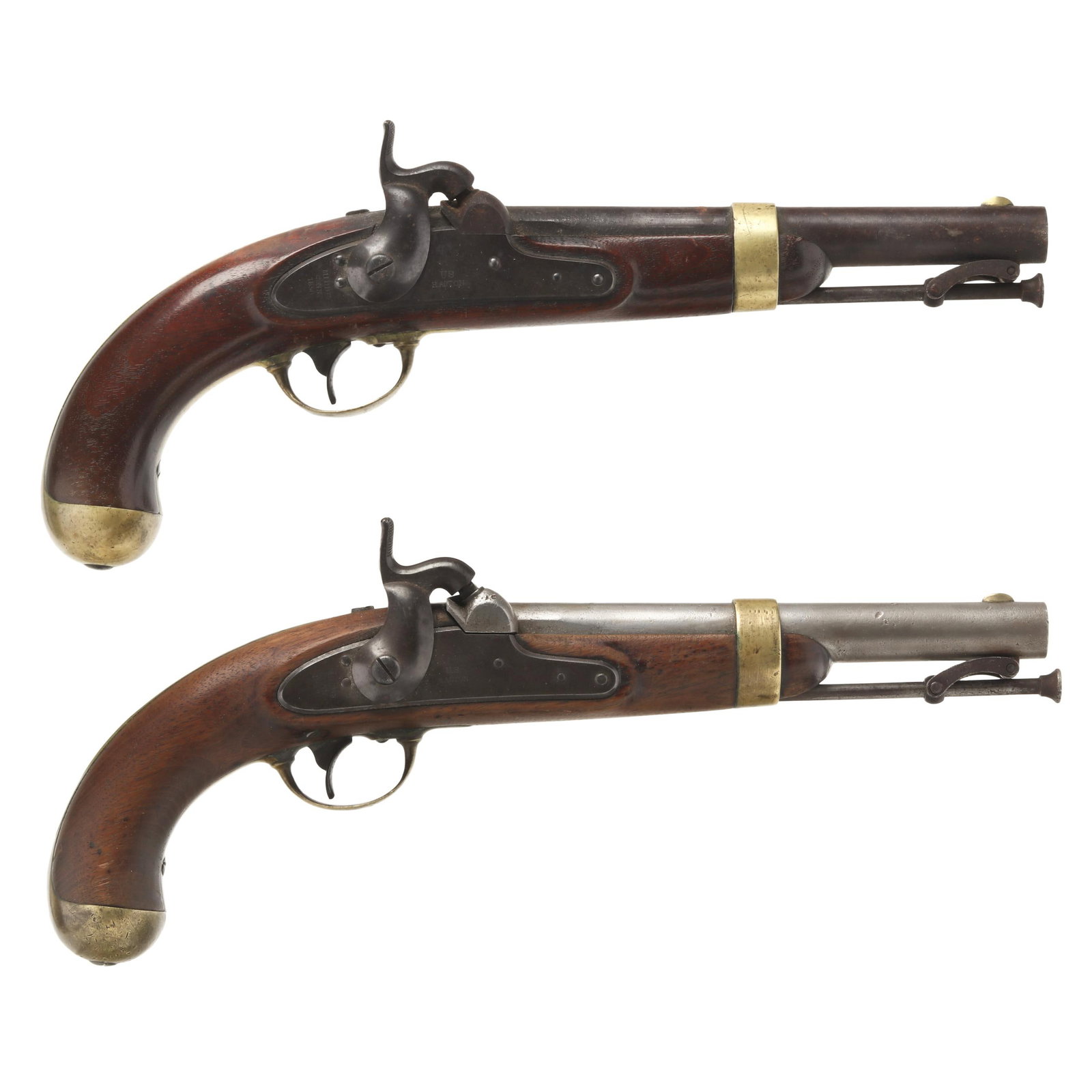 Pair Of US H. Aston Percussion Pistols: Pair Of US H. Aston Percussion Pistols No visible serial number (NVS), text on gun 1 of 2 of MIDDTN CONN 1847 H.ASTON present on percussion lock plate with inspector markings of JH, P, GW, US, MS