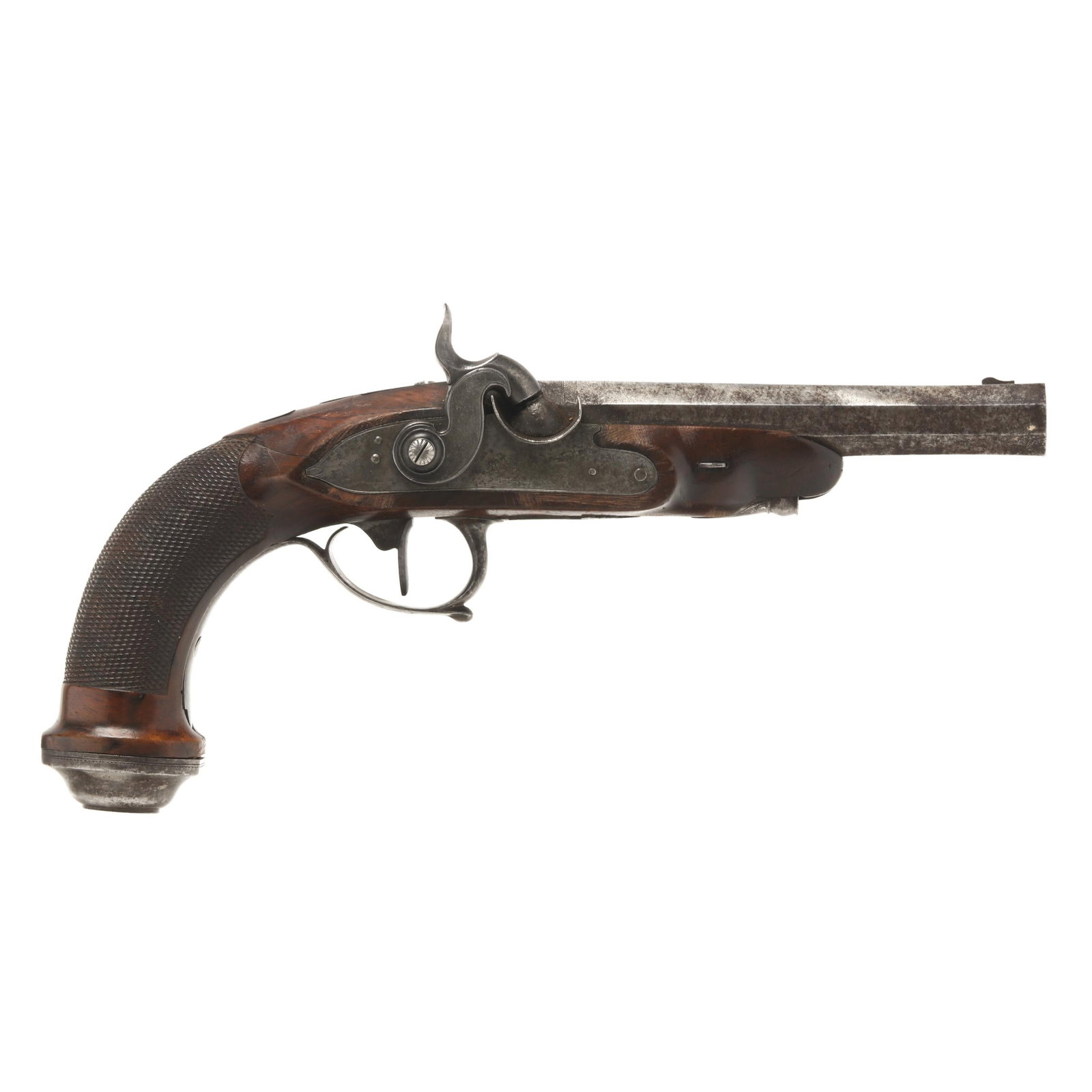 Ornate Percussion Pistol: Ornate Percussion Pistol No visible serial number (NVS), percussion hammer mechanism lock plate, 5 7/8 in. twist damascus steel octagon barrel with integrate rear sight and front blade sight, engraved