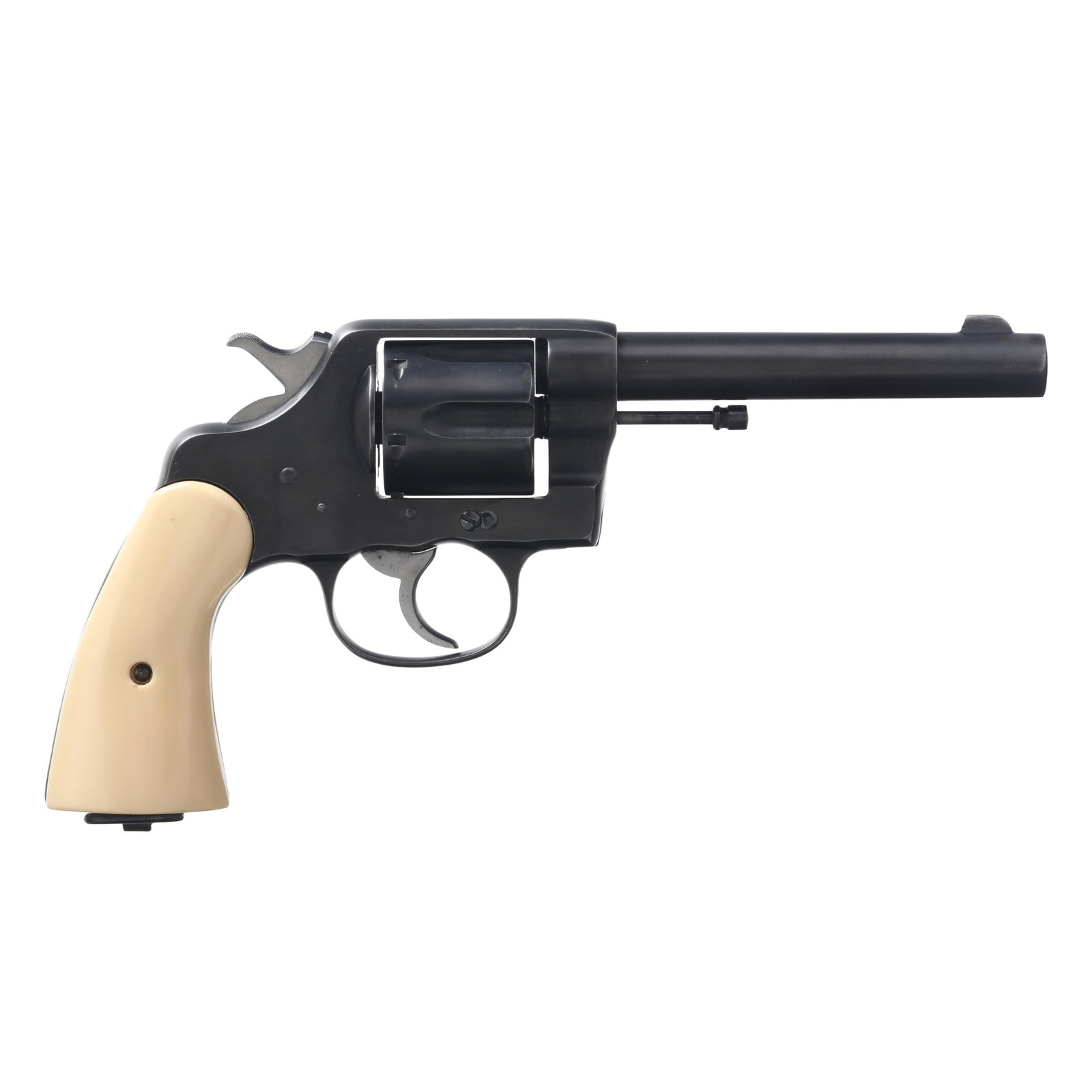 Colt New Service .38 SPL Revolver w/ Holster & Plastic Case: Colt New Service .38 SPL Revolver w/ Holster & Plastic Case Serial number 5760 present on inside of frame and crane, text of NEW SERVICE 38 W.C.F. present on 5 1/2 in. barrel with blade front sight, i