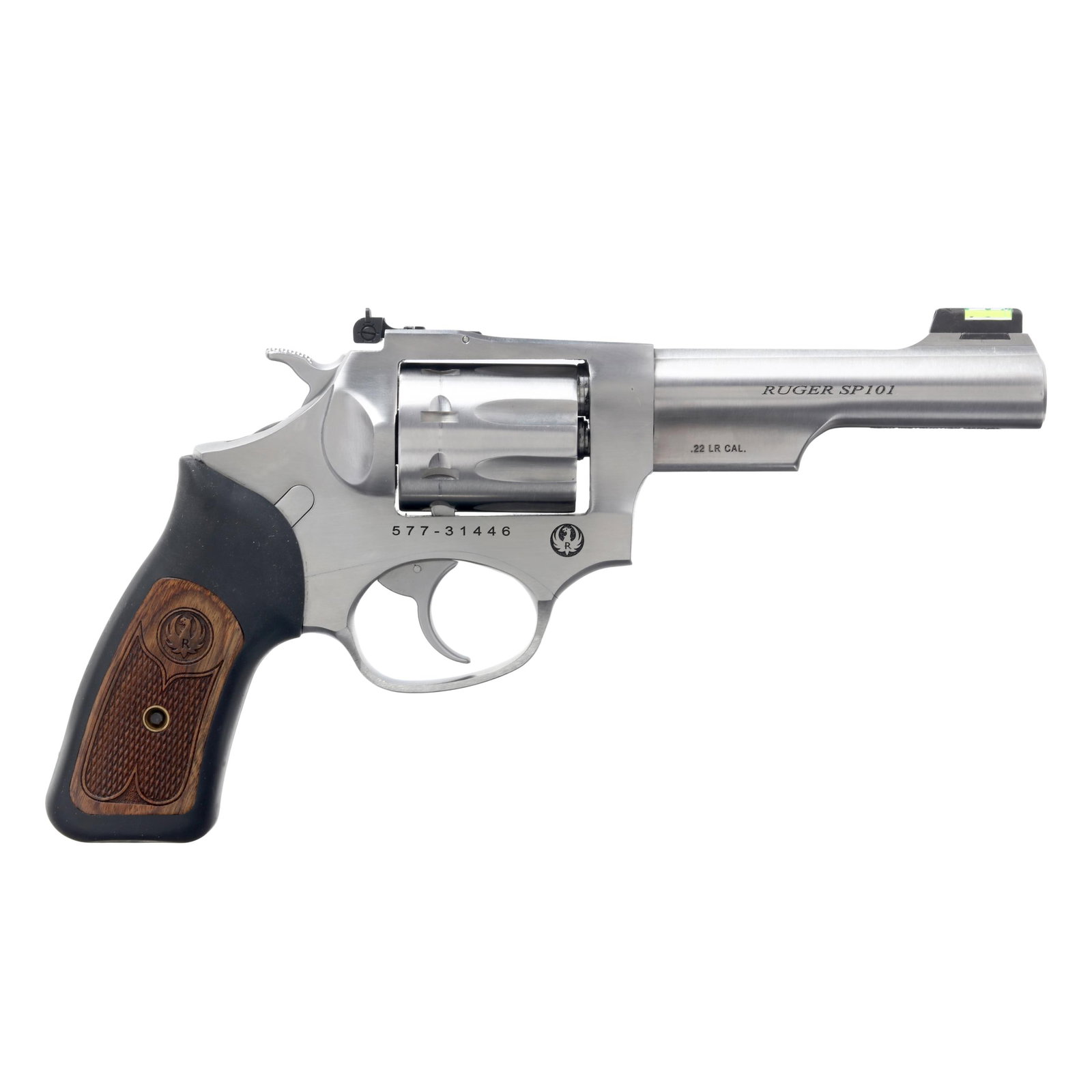 Ruger SP101 .22 Rimfire Revolver w/ Factory Case: Ruger SP101 .22 Rimfire Revolver w/ Factory Case Serial number 577-31446 present on brushed stainless steel frame, text of RUGER SP101 present on brushed stainless steel 4 1/4 in. barrel, text of .22 