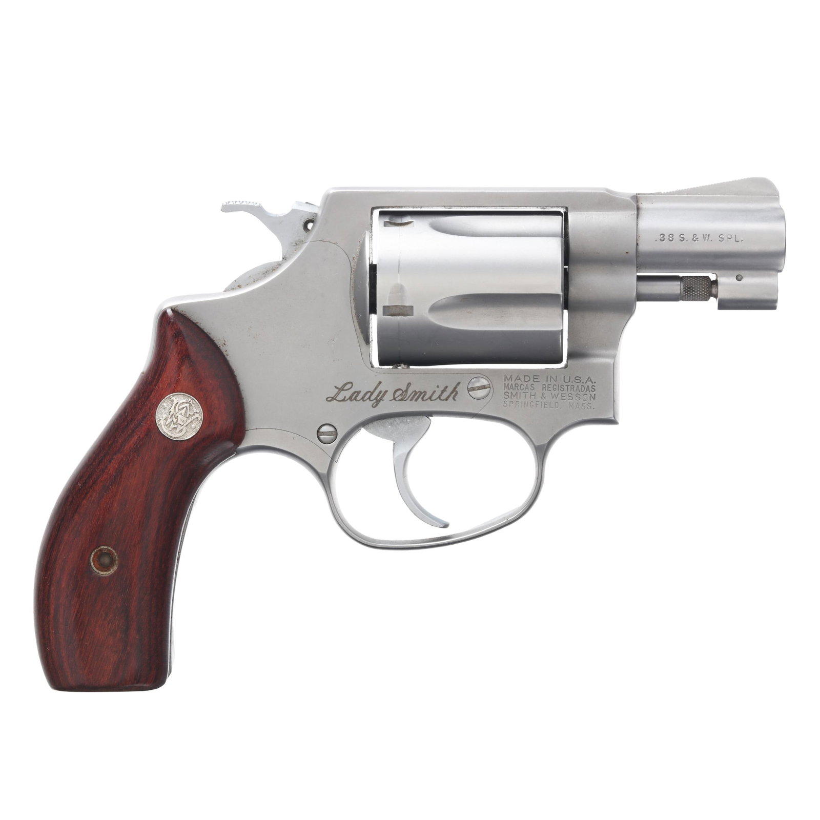 Smith & Wesson .38 SPL "Lady Smith" Revolver w/ Factory Soft Case: Smith & Wesson .38 SPL "Lady Smith" Revolver w/ Factory Soft Case Serial number BRC5458 present on bottom of frame grip and inner surface of frame, model designation M60 present below serial number in