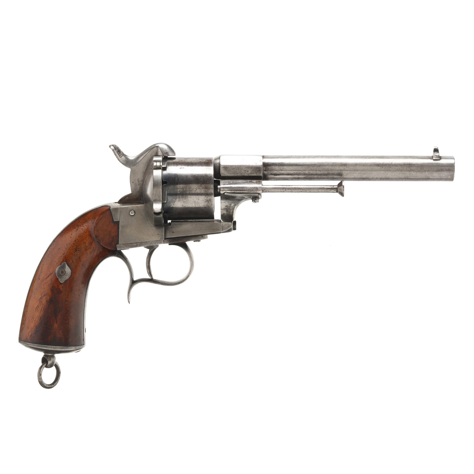 Lefaucheux Model 1858 Pinfire Revolver: Lefaucheux Model 1858 Pinfire Revolver Serial number 42028 marked spanning frame and barrel assembly, text of LEFAUCHEUX present on 6 1/4 in. barrel, numerals 52 present on left side of frame, Belgian