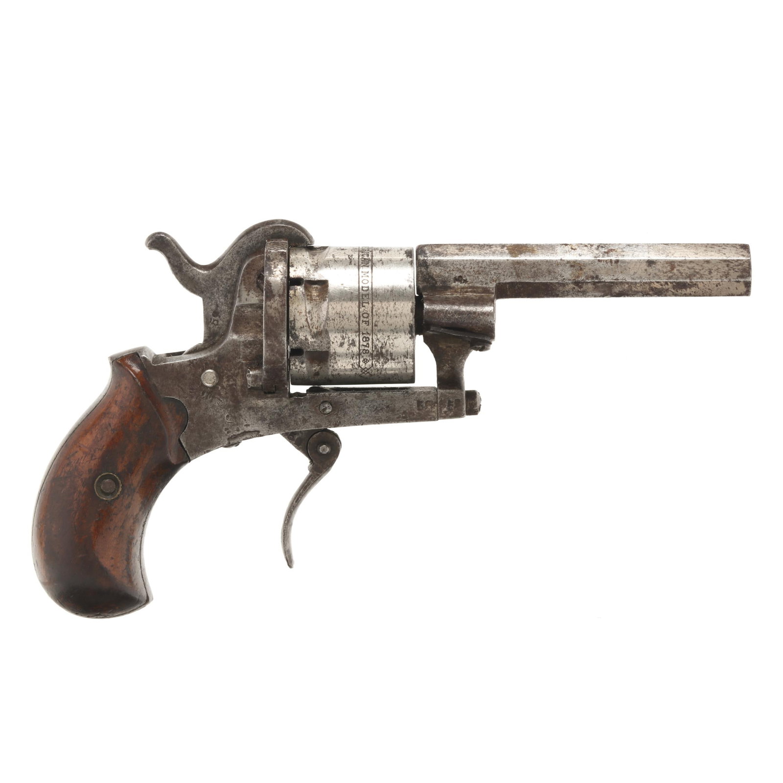"The Guardian" American Model Of 1878 Pinfire Revovler: "The Guardian" American Model Of 1878 Pinfire Revovler Serial number 59 present on frame, barrel assembly, trigger, trigger linkage and hammer, text of THE GUARDIAN * AMERICAN MODEL OF 1878 present on