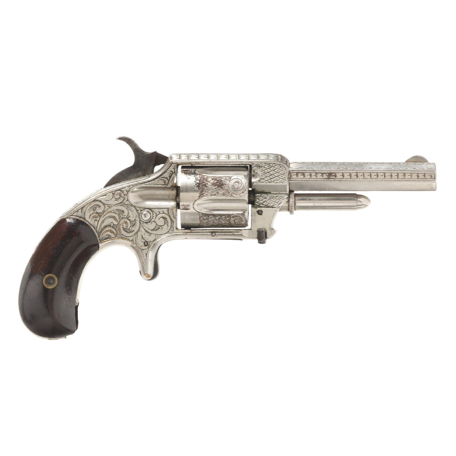 Whitneyville Armory Revolver: Whitneyville Armory Revolver Serial number 994 present on bottom of frame, text of WHITNEYVILLE ARMORY CT. U.S.A. PAT. MAY 23, 1871 present on 3 1/4 in. engraved barrel, nickel plated engraved frame a