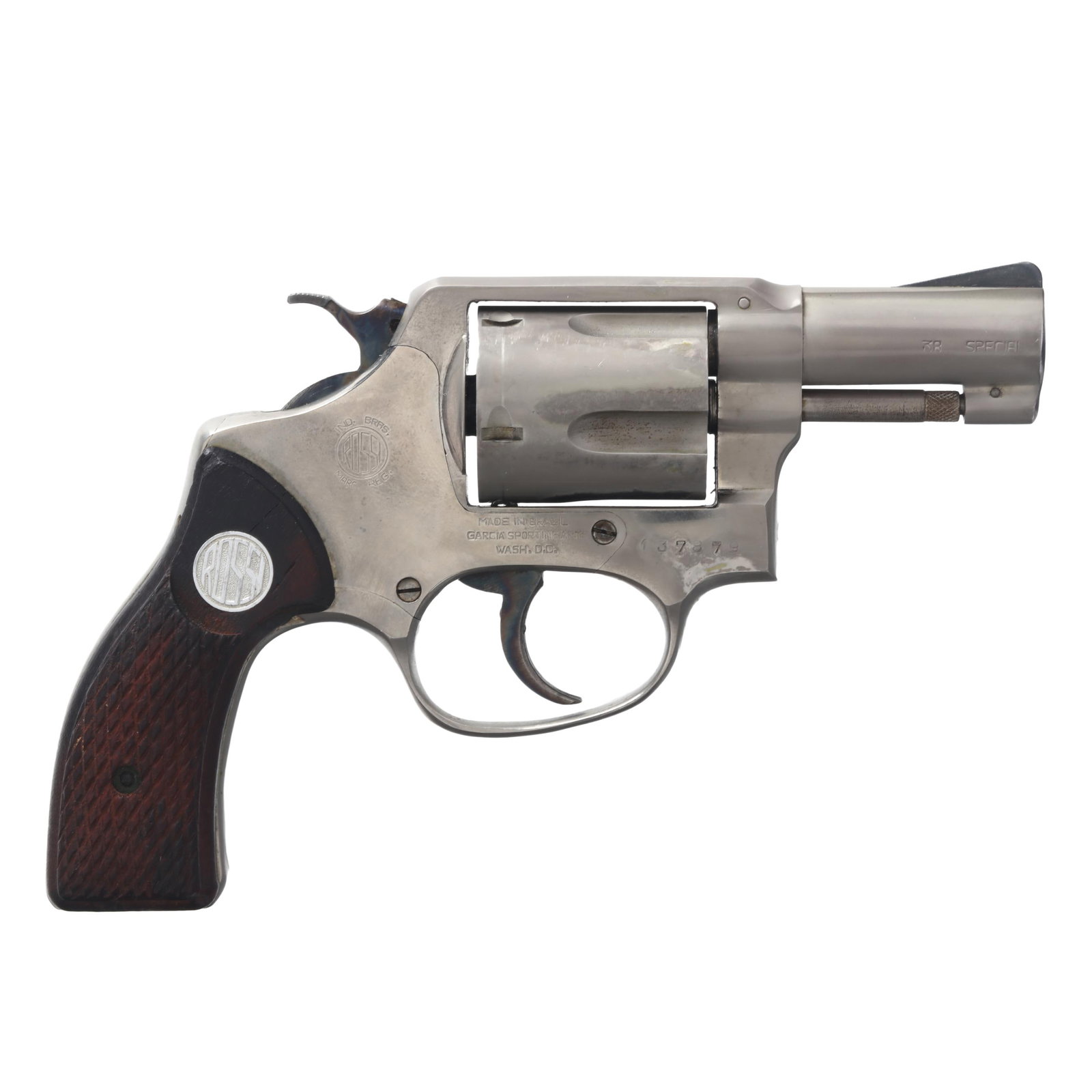 Rossi .38 SPL Revolver: Rossi .38 SPL Revolver Serial number 137879 present on forward right side of frame, text of MADE IN BRAZIL GARCIA SPORTING ARMS WASH, D.C. present on right side of frame, text of 38 SPECIAL present al