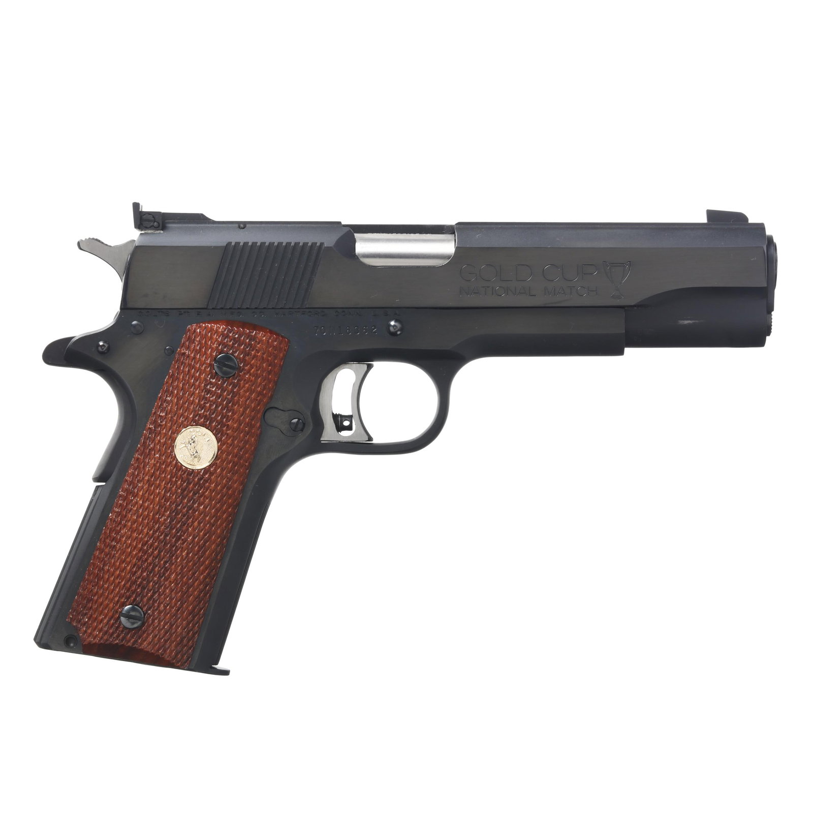 Colt Gold Cup National Match Mark IV Series 70 .45 ACP 1911 Semi-Automatic Pistol w/ Factory Box: Colt Gold Cup National Match Mark IV Series 70 .45 ACP 1911 Semi-Automatic Pistol w/ Factory Box Serial number 70N18362 present on right side of blued frame, text of GOLD CUP NATIONAL MATCH present on