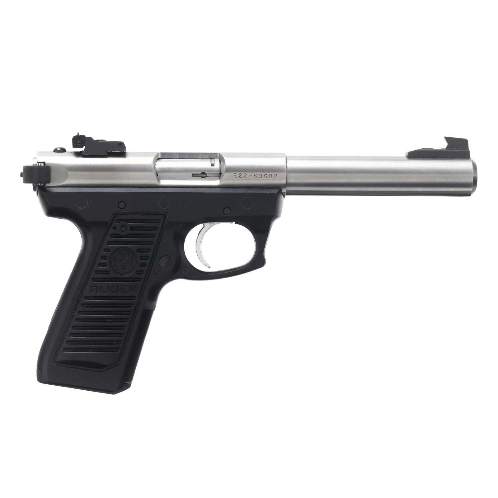 Ruger Model 22/45 .22 Rimfire Semi-Automatic Pistol w/ 8 factory magazines: Ruger Model 22/45 .22 Rimfire Semi-Automatic Pistol w/ 8 factory magazines Serial number 222-63602 present on stainless steel barreled receiver, text of RIGER 22/45 .22 CAL. LONG RIFLE TARGET present 