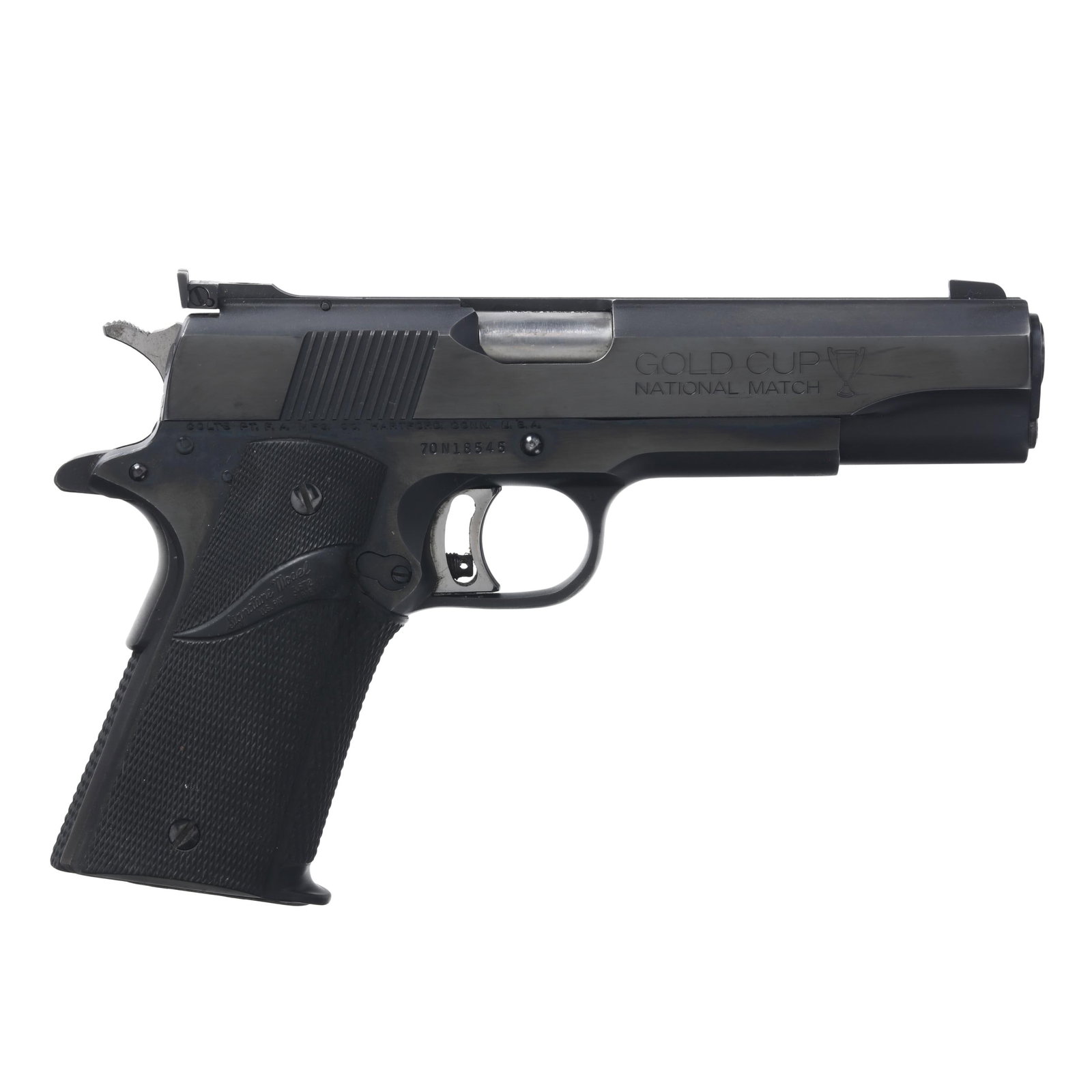 Colt Gold Cup National Match Mark IV Series 70 .45 ACP 1911 w/ Two Magazines & USGI Mag Pouch: Colt Gold Cup National Match Mark IV Series 70 .45 ACP 1911 w/ Two Magazines & USGI Mag Pouch Serial number 70N18545 present on right side of blued frame, text of GOLD CUP NATIONAL MATCH present on ri