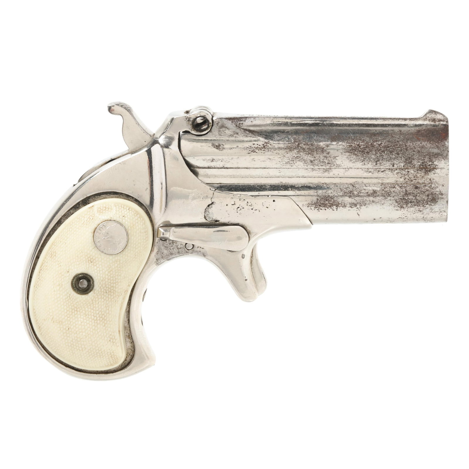 Remington Arms Model 95 Derringer Pistol: Remington Arms Model 95 Derringer Pistol Serial number 78 present under white plastic FRANZITE grip scale, 3 in. barrels, nickel plating. text of REMINGTON ARMS - U.M.C. CO. ILION N.Y.. In-house shipp