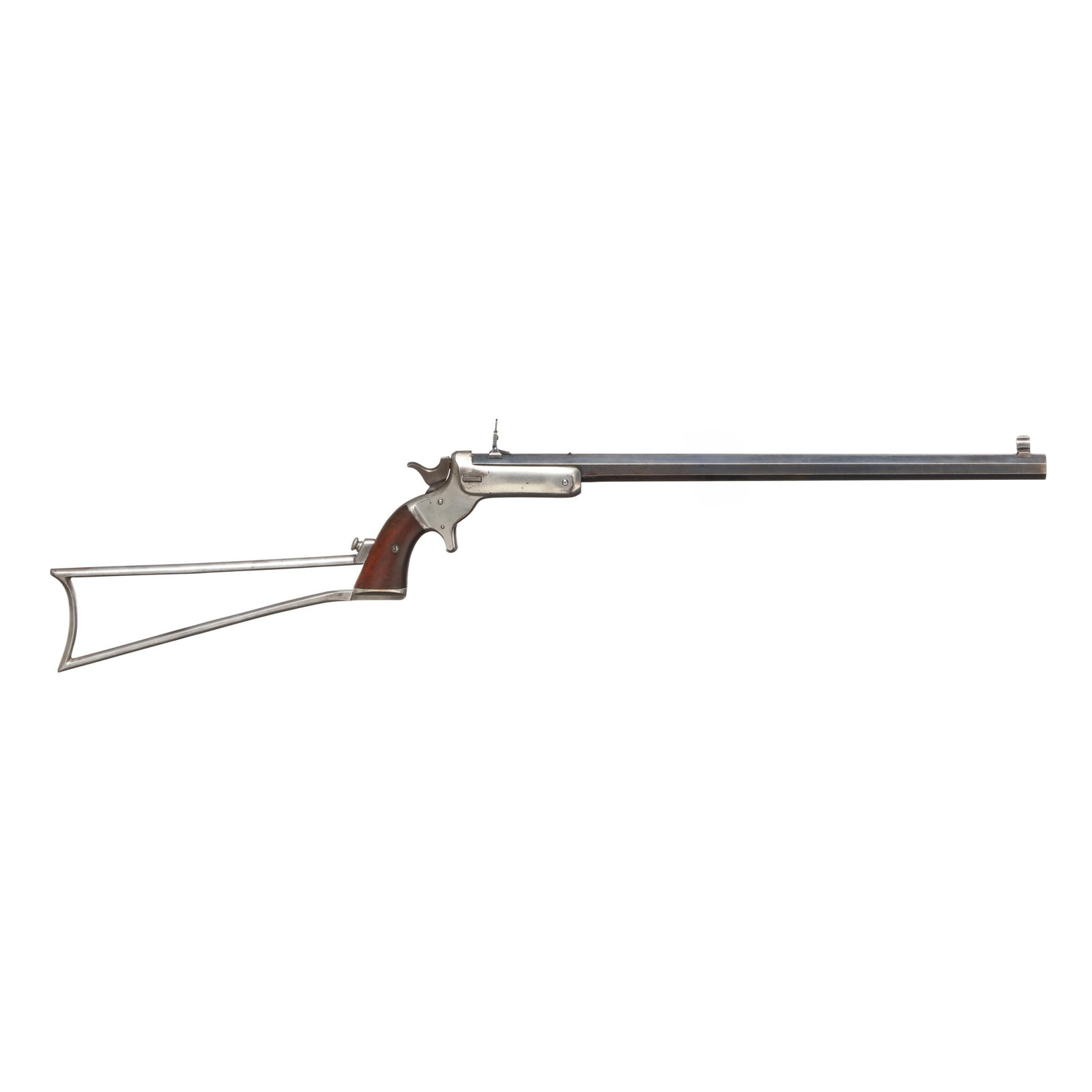 J. Stevens Model 41 .30 Rimfire Single-Shot Pistol w/ Factory Shoulder Brace: J. Stevens Model 41 .30 Rimfire Single-Shot Pistol w/ Factory Shoulder Brace Serial number 528 present on bottom of frame and 18 1/4 in. blued octagon barrel dovetail folding rear sight with adjustabl