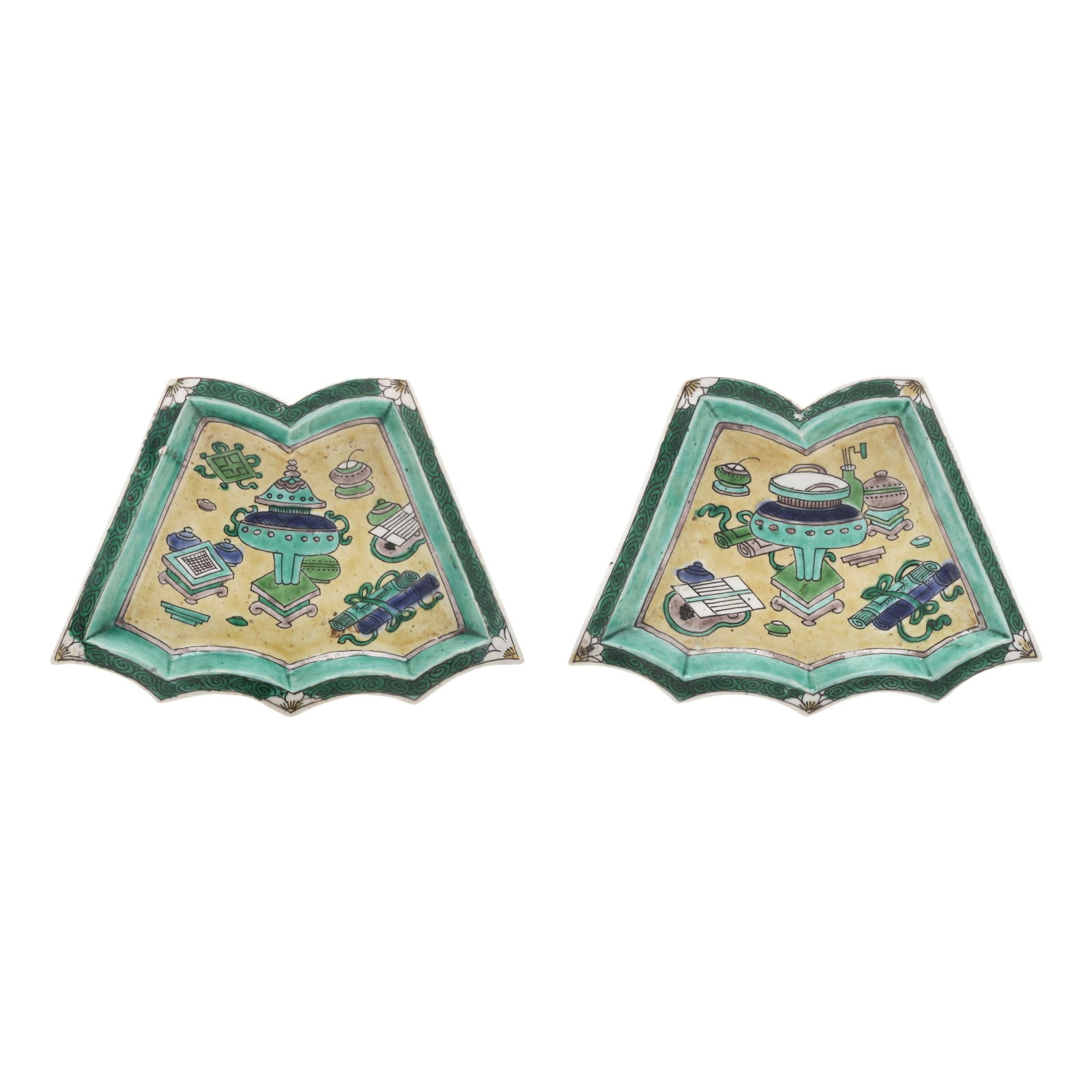 A Pair of Chinese Biscuit Famille Verte Sweetmeat Dishes: A Pair of Chinese Biscuit Famille Verte Sweetmeat Dishes Kangxi period (1662-1722), shaped biscuit sweet meat trays hand painted in famille verte palette with Antique and Scholar motifs against a stra