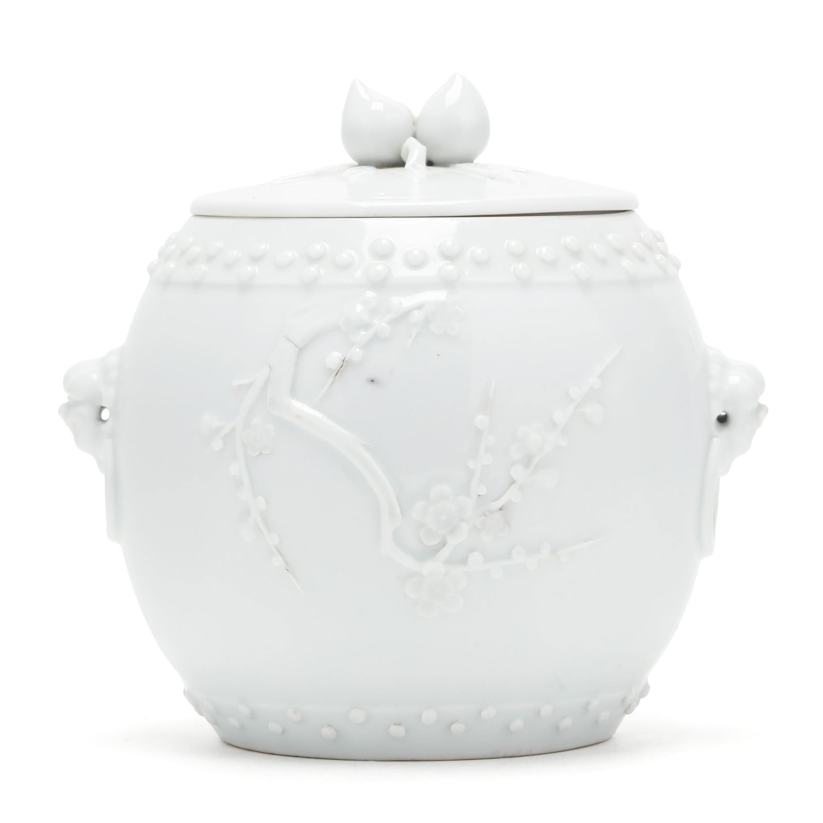 A Chinese Blanc-de-Chine Prunus Jar with Cover: A Chinese Blanc-de-Chine Prunus Jar with Cover Qing dynasty (1644-1912), 18th century, formed as a barrel, flanked by a pair of lion head faux handles, decorated with a blooming prunus branch with lov