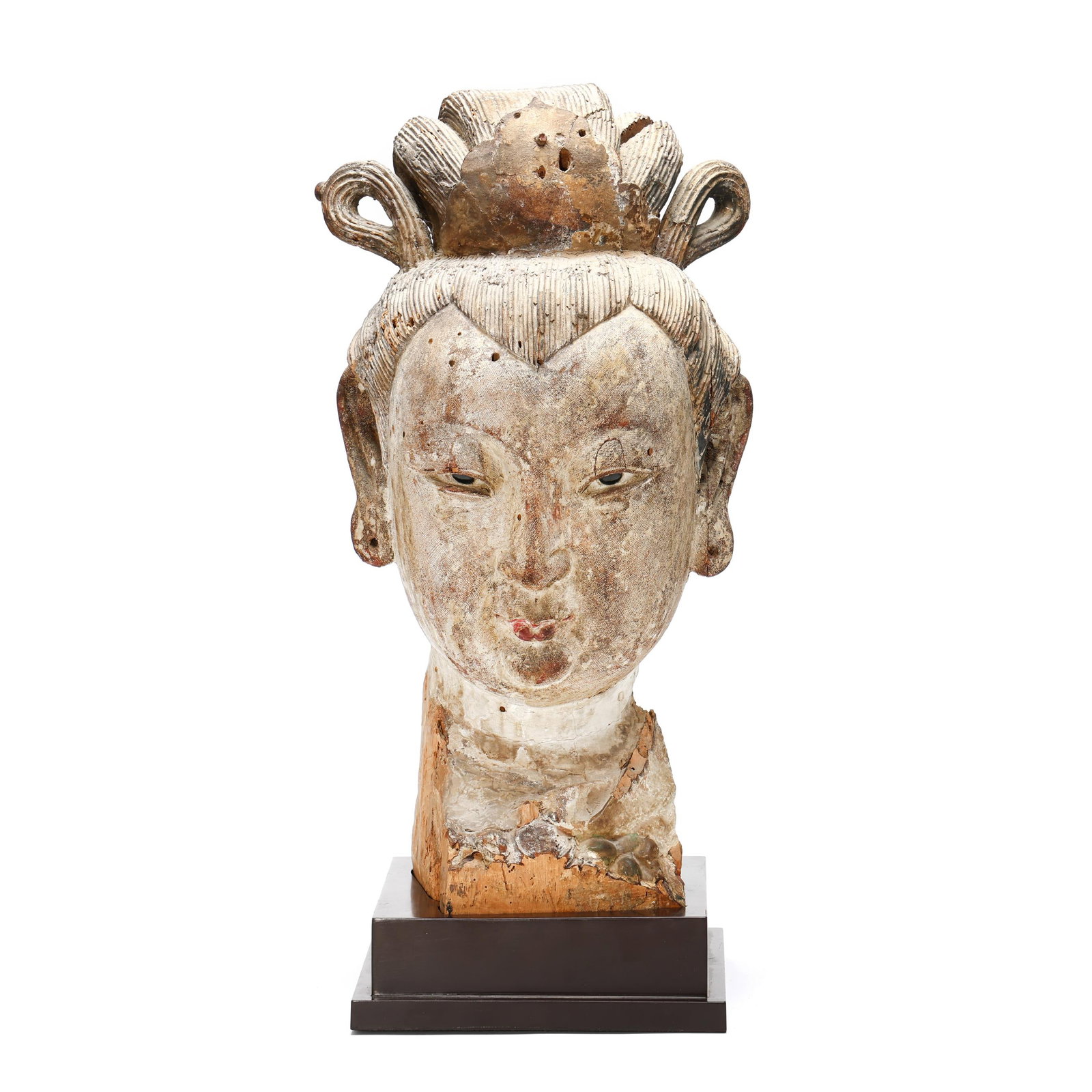 A Very Fine and Large Chinese Painted Carved Wood Head of Guanyin: A Very Fine and Large Chinese Painted Carved Wood Head of Guanyin Song dynasty (960-1279) or Yuan dynasty (1271-1368), carved wood head with gesso and pigments, the oval shaped head has full cheeks, a