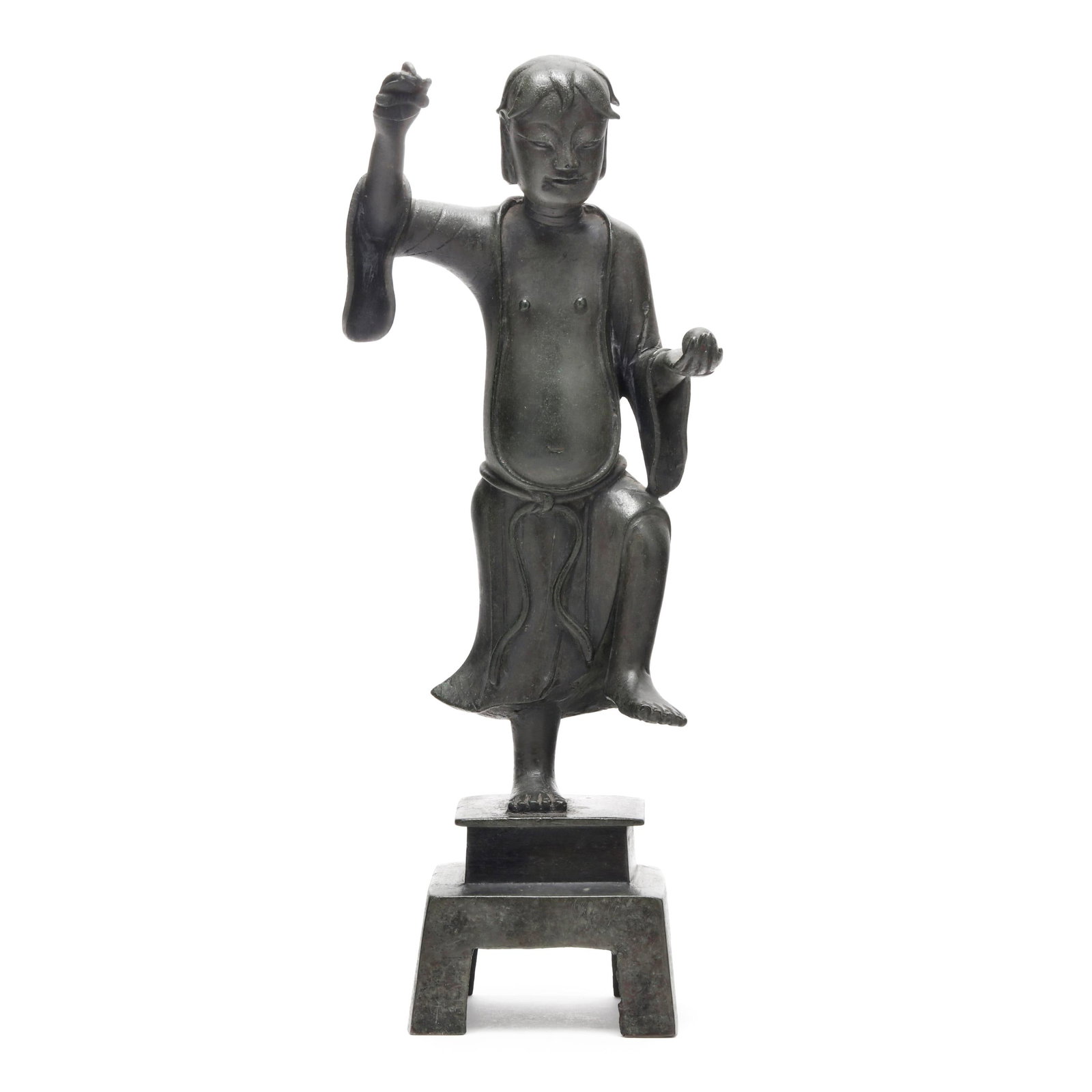 A Chinese Bronze Statue of Liu Hai: A Chinese Bronze Statue of Liu Hai Qing dynasty (1644-1912), 18th or 19th century, cast bronze statue of Liu Hai, one of the Daoist Immortals who became associated with good fortune and wealth, he is 